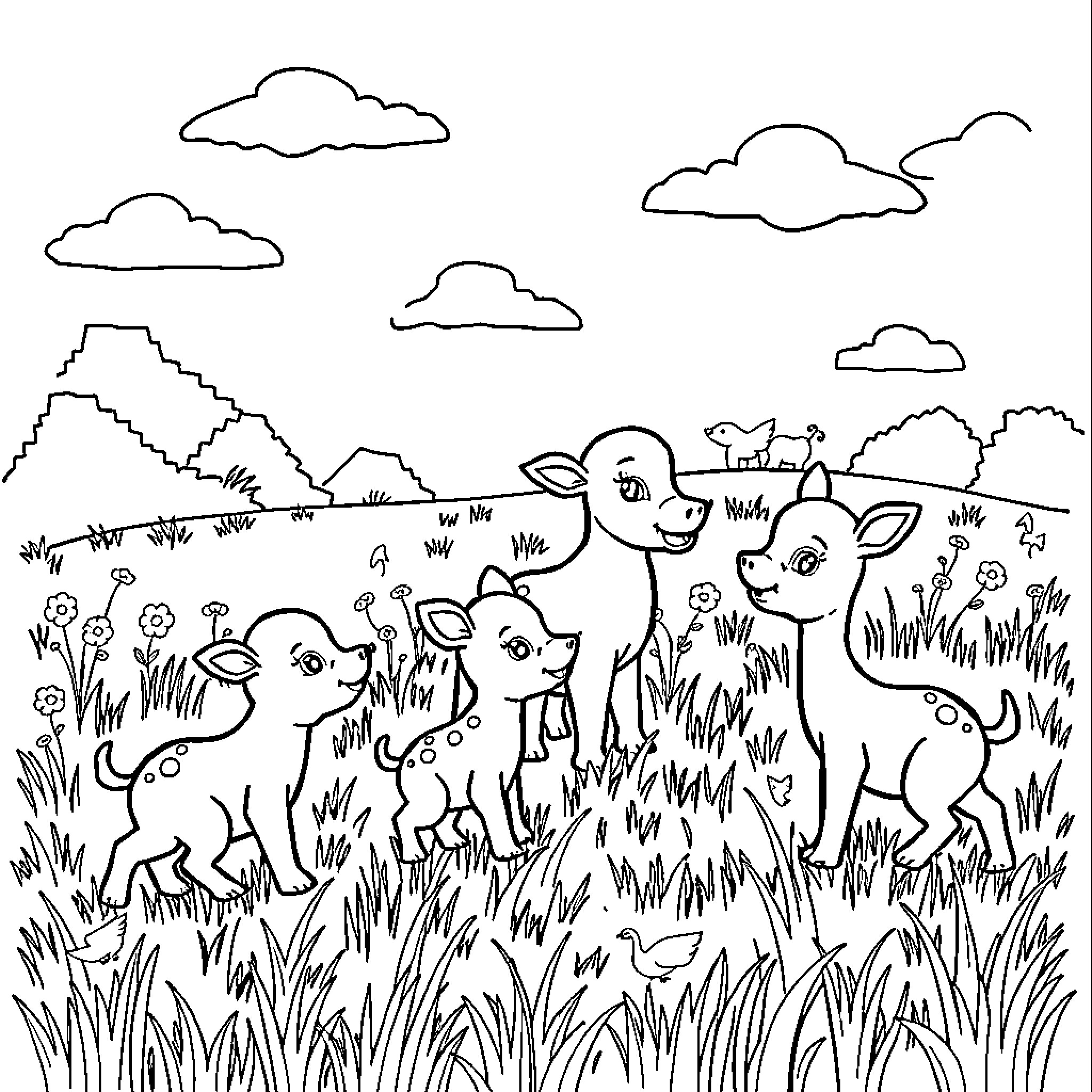 Baby Animals Playing in a Grassy Field Coloring Page (free black-and-white line drawing printable PDF for all, from beginners to advanced learners, including children, teens, adults, and seniors)