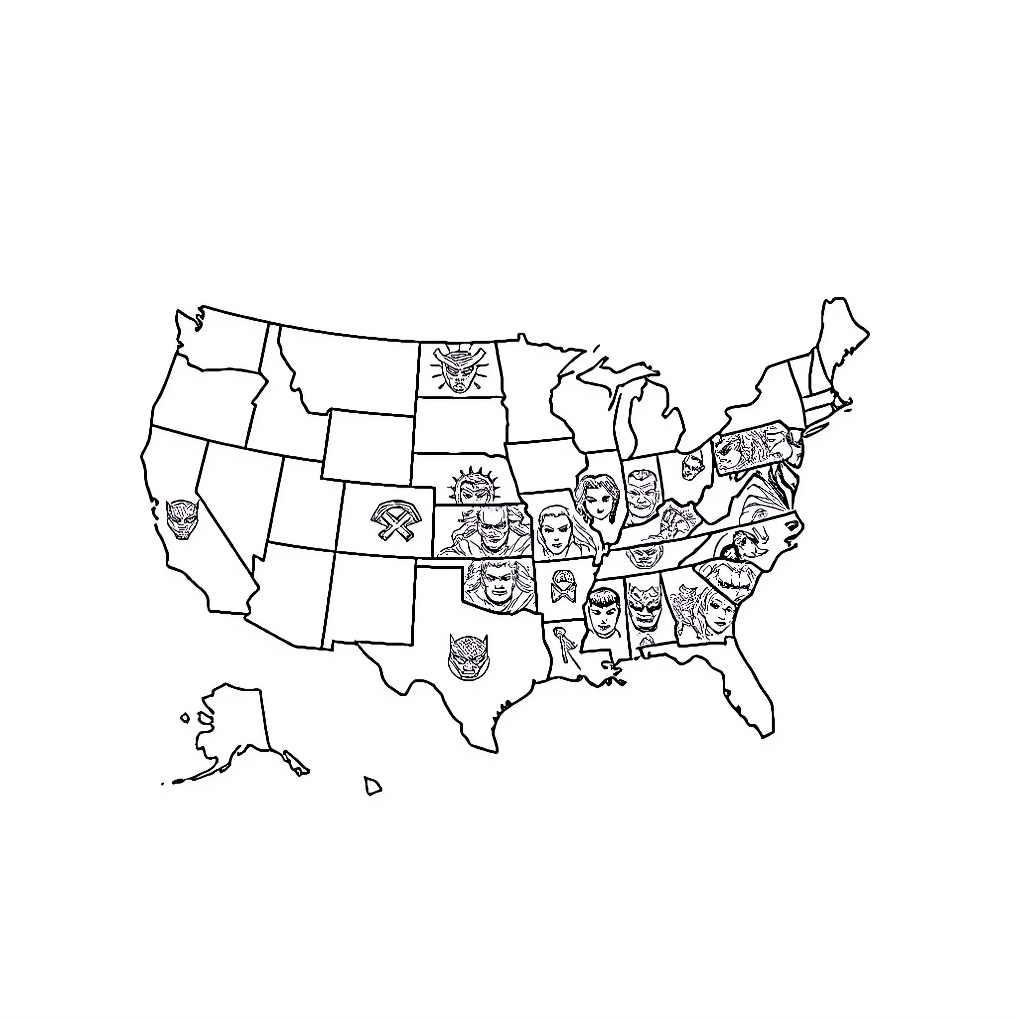 Superhero-themed map of the United States Coloring Page (free black-and-white line drawing printable PDF for all, from beginners to advanced learners, including children, teens, adults, and seniors)