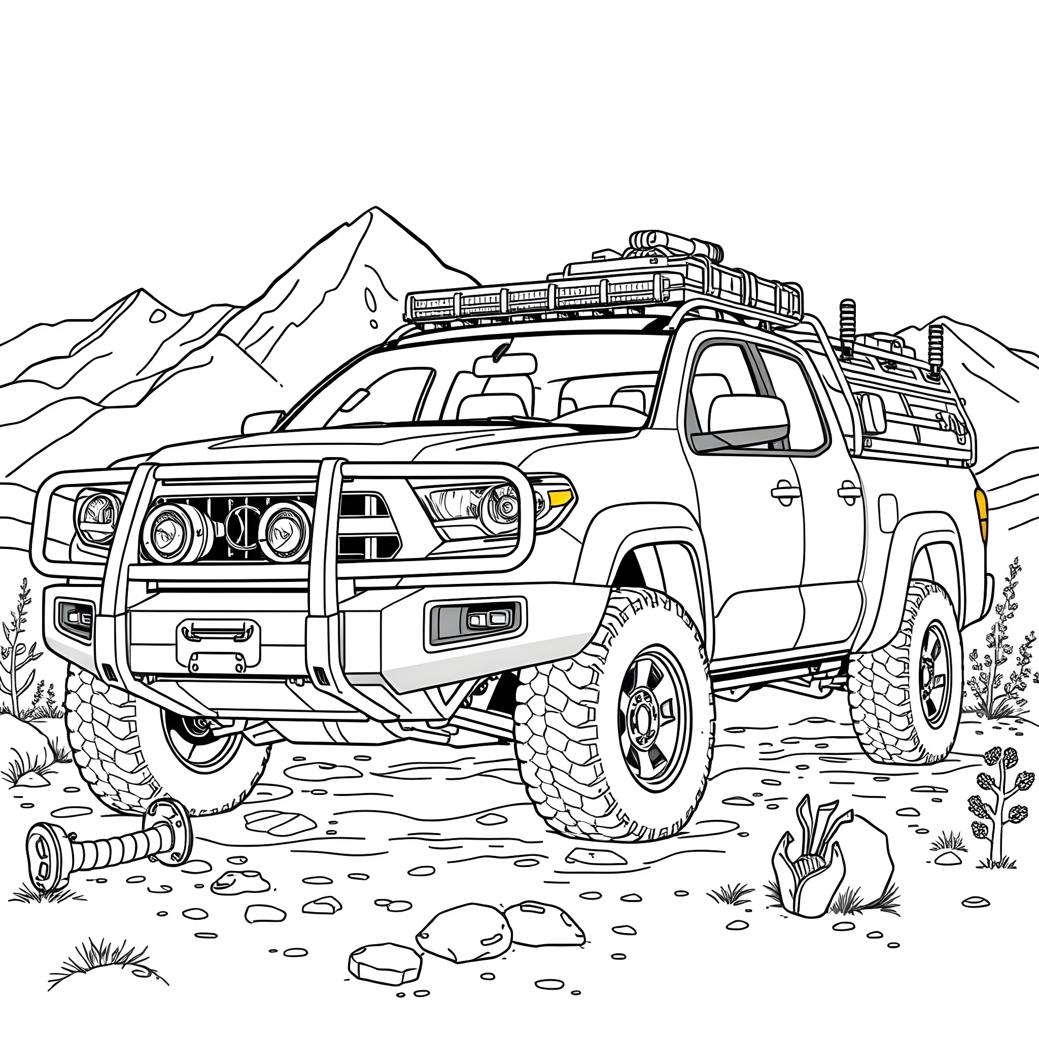 Pickup truck exploring rugged mountain terrain Coloring Page (free black-and-white line drawing printable PDF for all, from beginners to advanced learners, including children, teens, adults, and seniors)