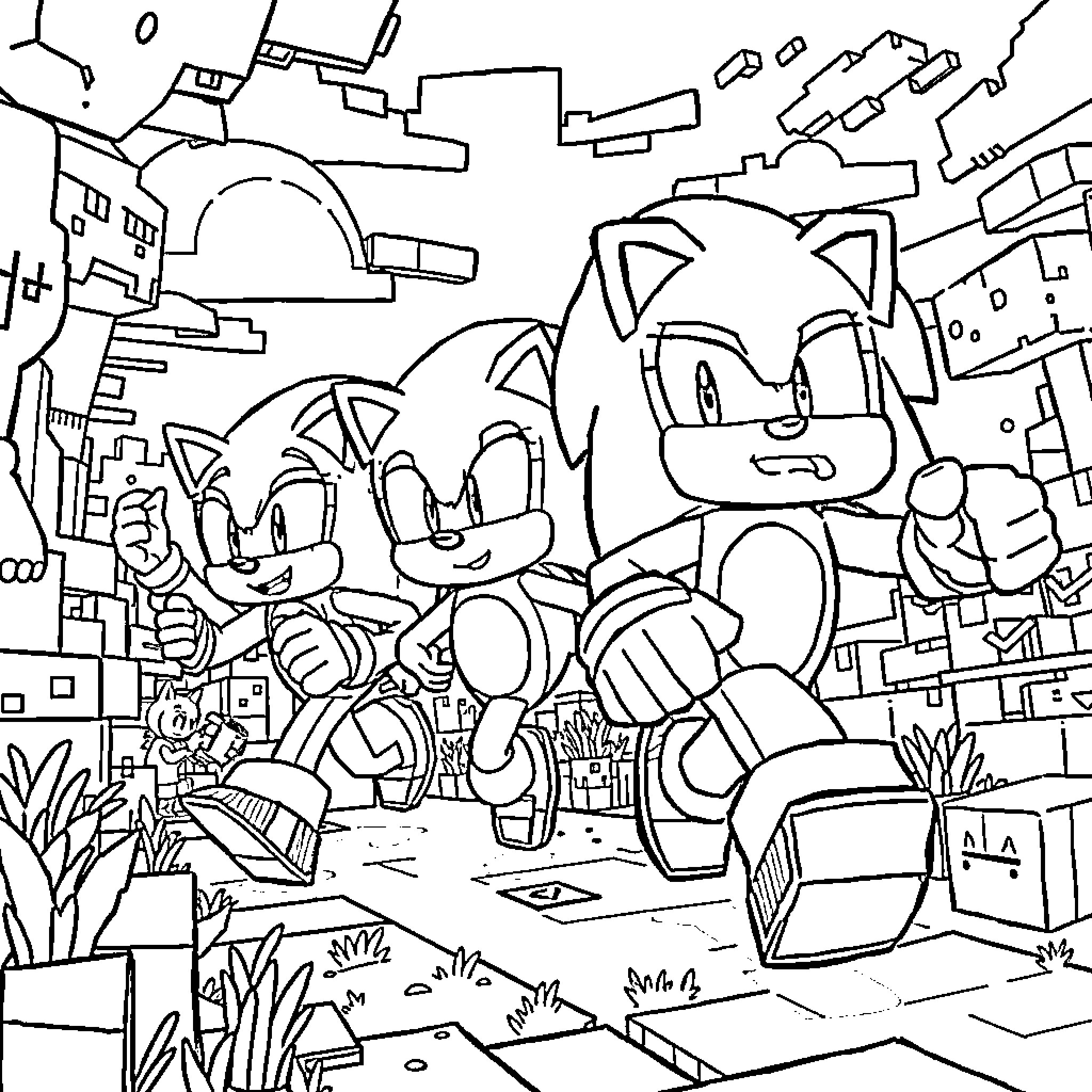 Sonic and friends exploring a vibrant, bustling town Coloring Page (free black-and-white line drawing printable PDF for all, from beginners to advanced learners, including children, teens, adults, and seniors)