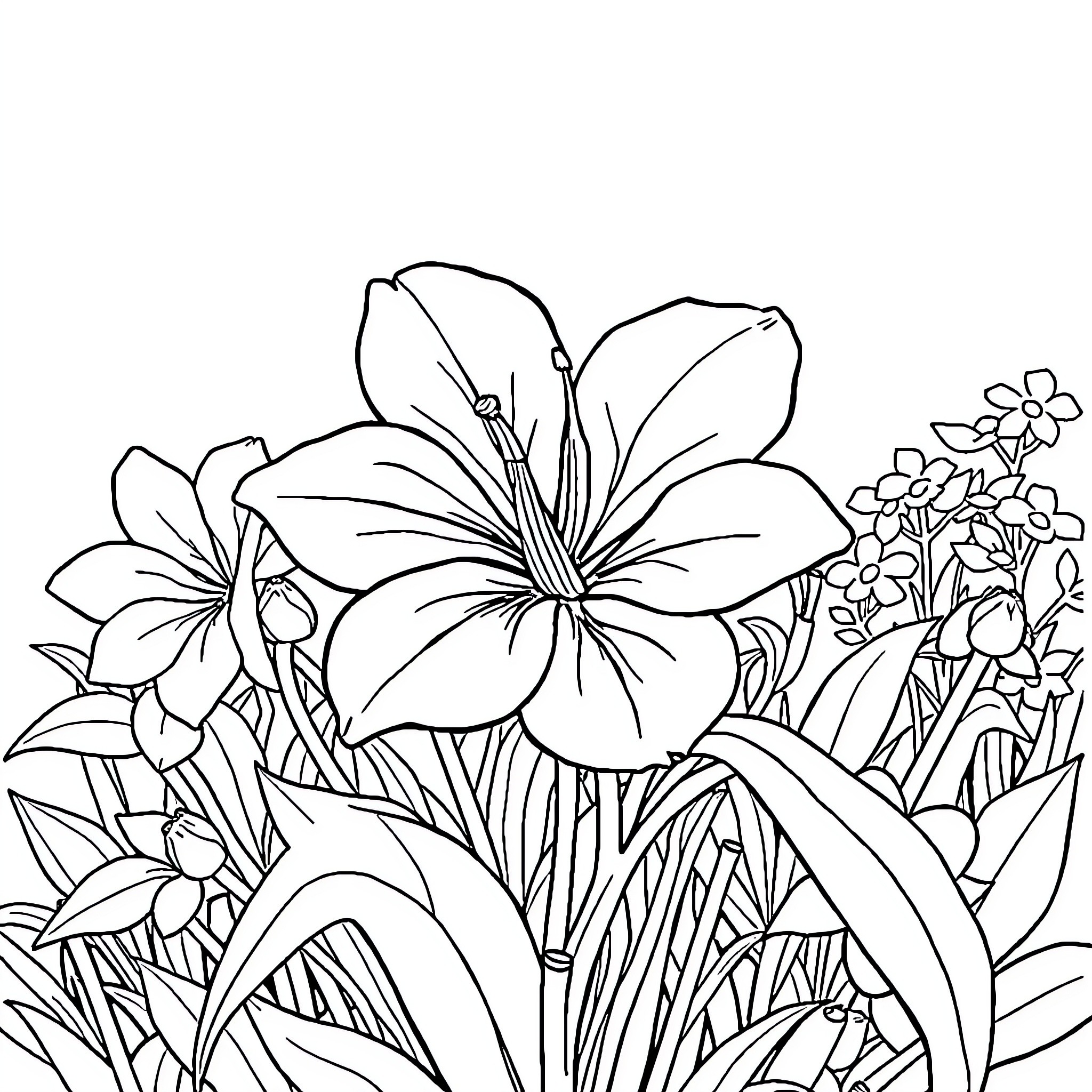 Rose Garden with Blooming Flowers Coloring Page (free black-and-white line drawing printable PDF for all, from beginners to advanced learners, including children, teens, adults, and seniors)