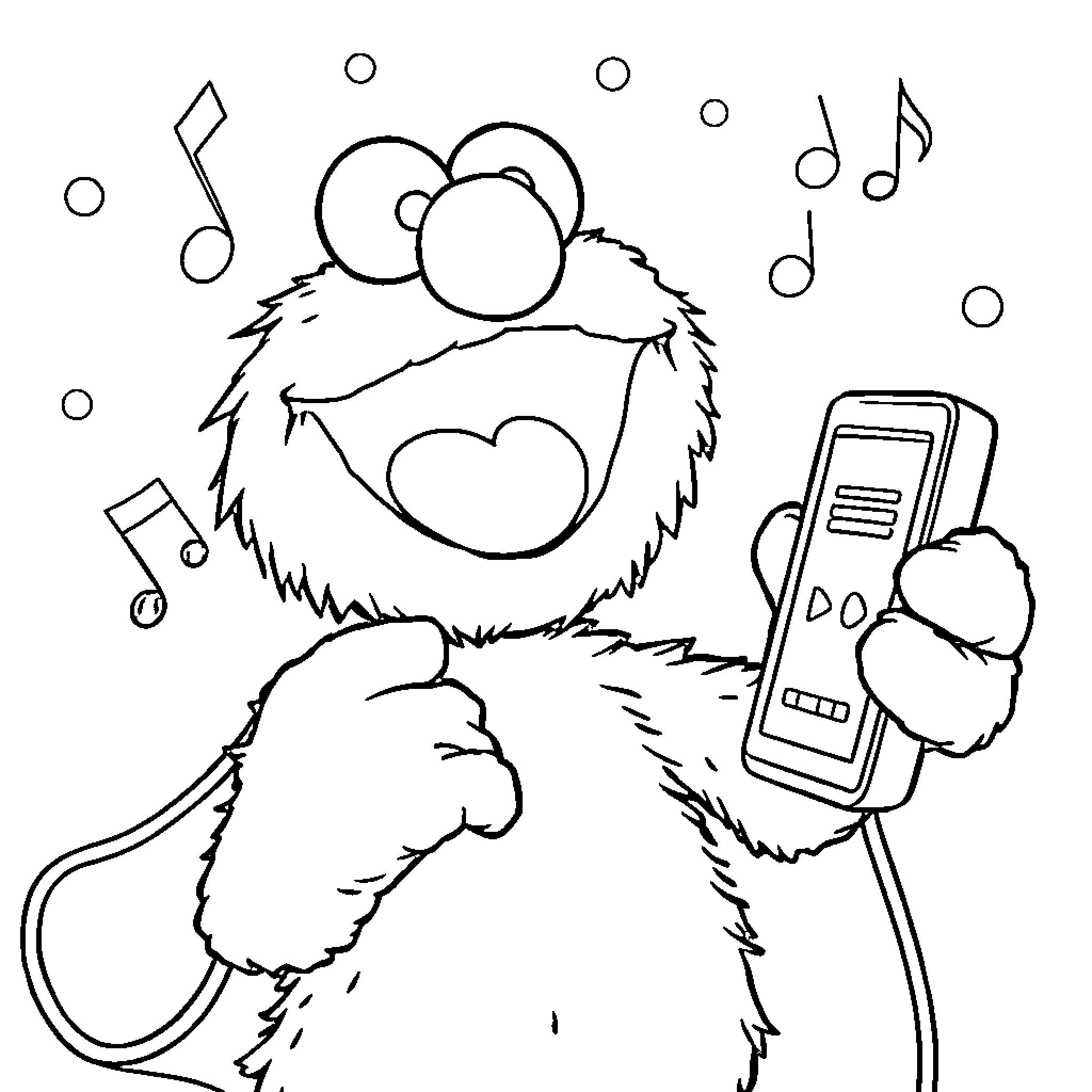 Elmo singing and dancing with music notes Coloring Page (free black-and-white line drawing printable PDF for all, from beginners to advanced learners, including children, teens, adults, and seniors)