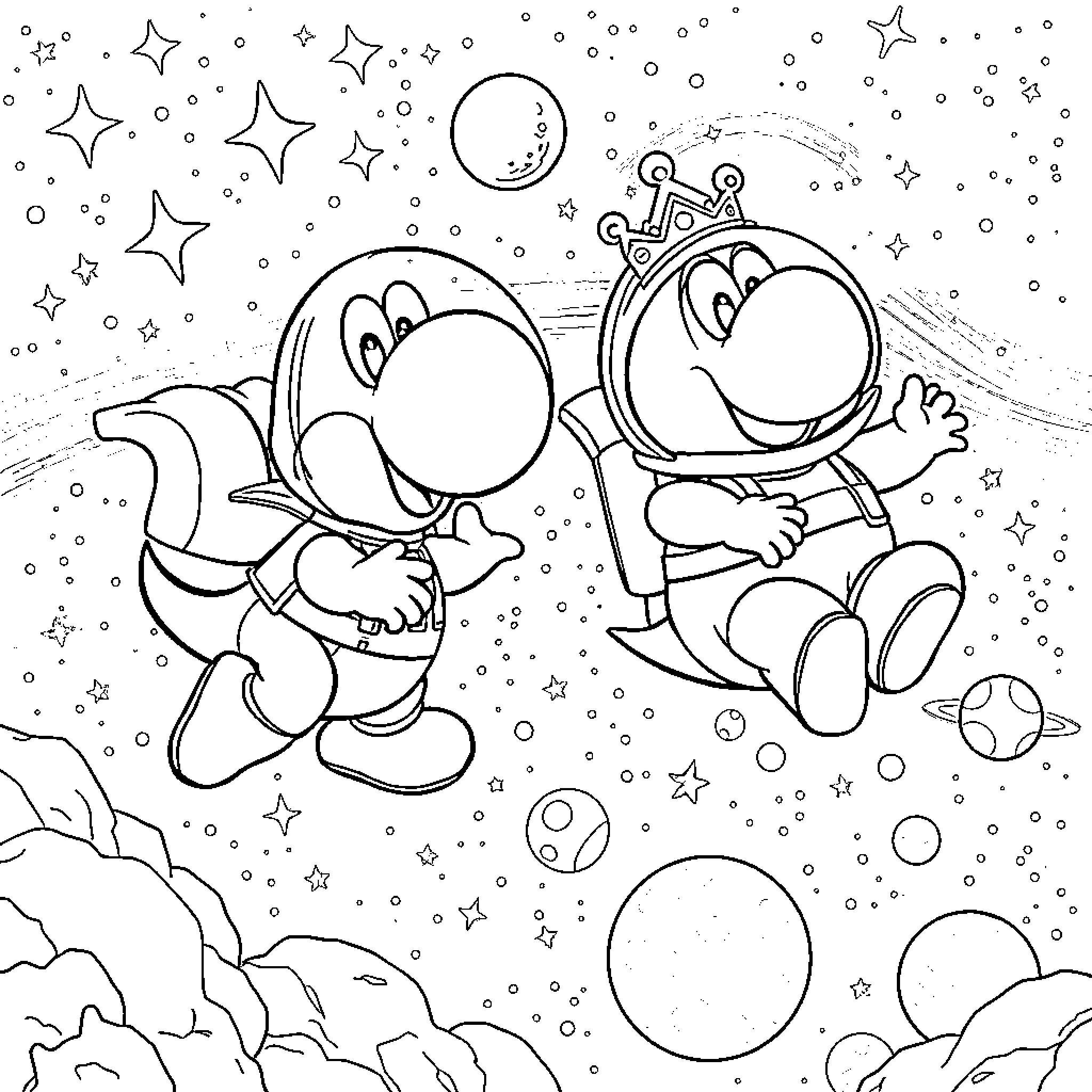 Yoshi's Galactic Adventure Coloring Page (free black-and-white line drawing printable PDF for all, from beginners to advanced learners, including children, teens, adults, and seniors)