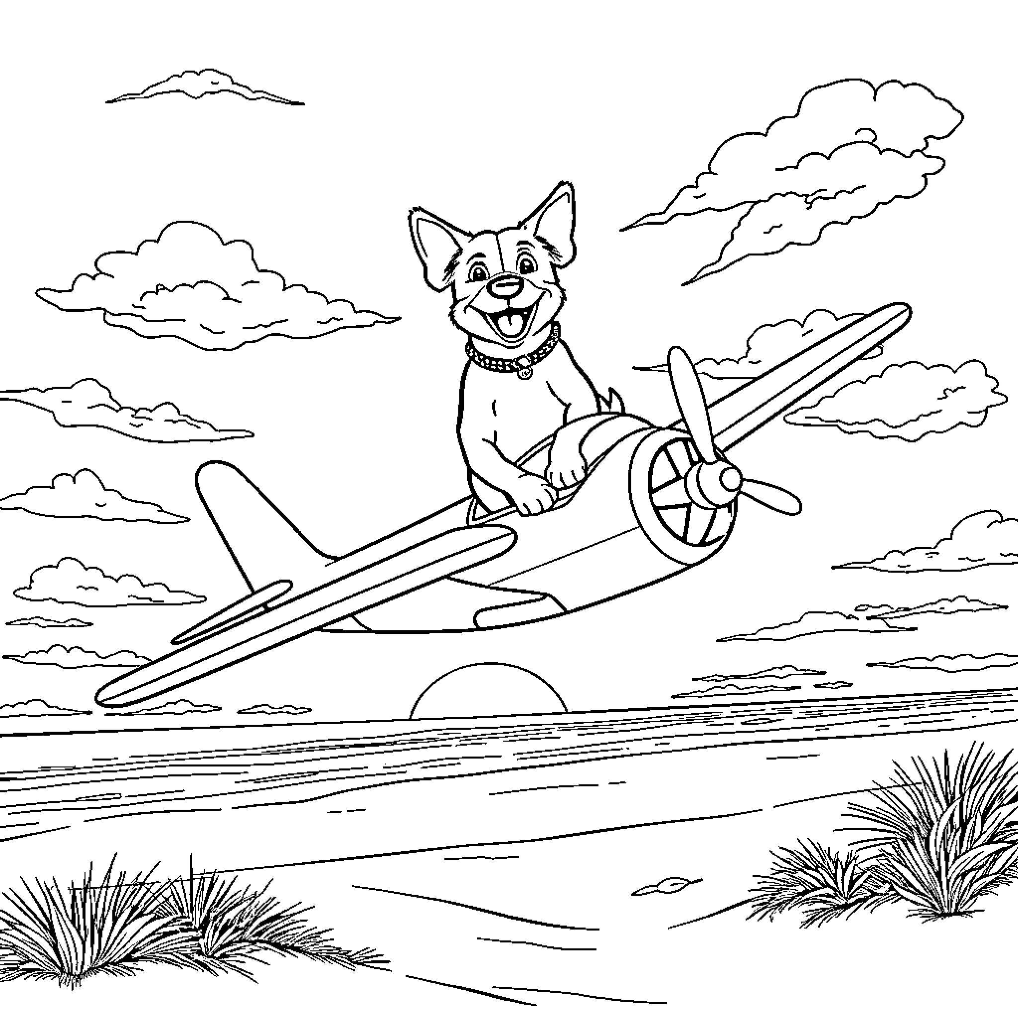 Dog flying an airplane in the sky Coloring Page (free black-and-white line drawing printable PDF for all, from beginners to advanced learners, including children, teens, adults, and seniors)