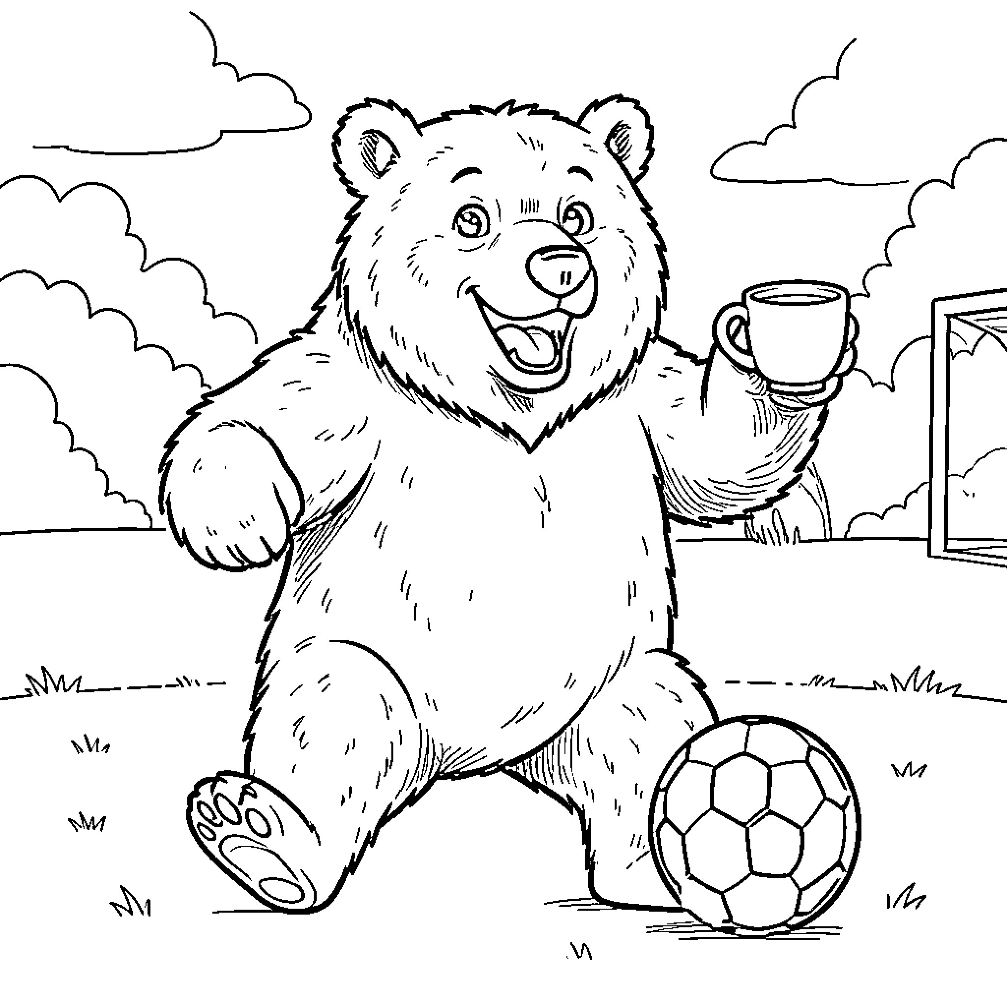 Grizzly bear happily playing soccer with a cup Coloring Page (free black-and-white line drawing printable PDF for all, from beginners to advanced learners, including children, teens, adults, and seniors)