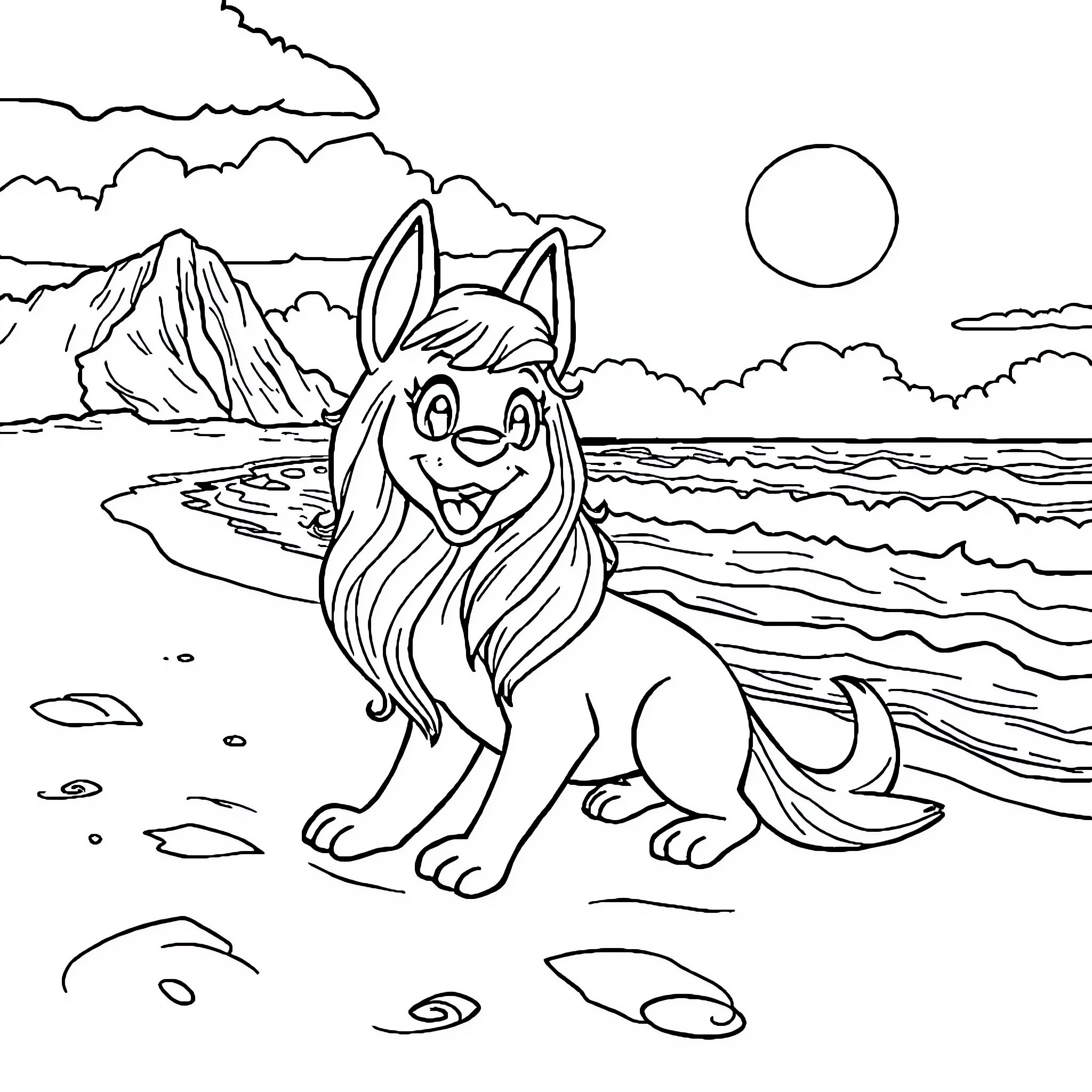 Loona in Peaceful Coastal Scenery Coloring Page (free black-and-white line drawing printable PDF for all, from beginners to advanced learners, including children, teens, adults, and seniors)