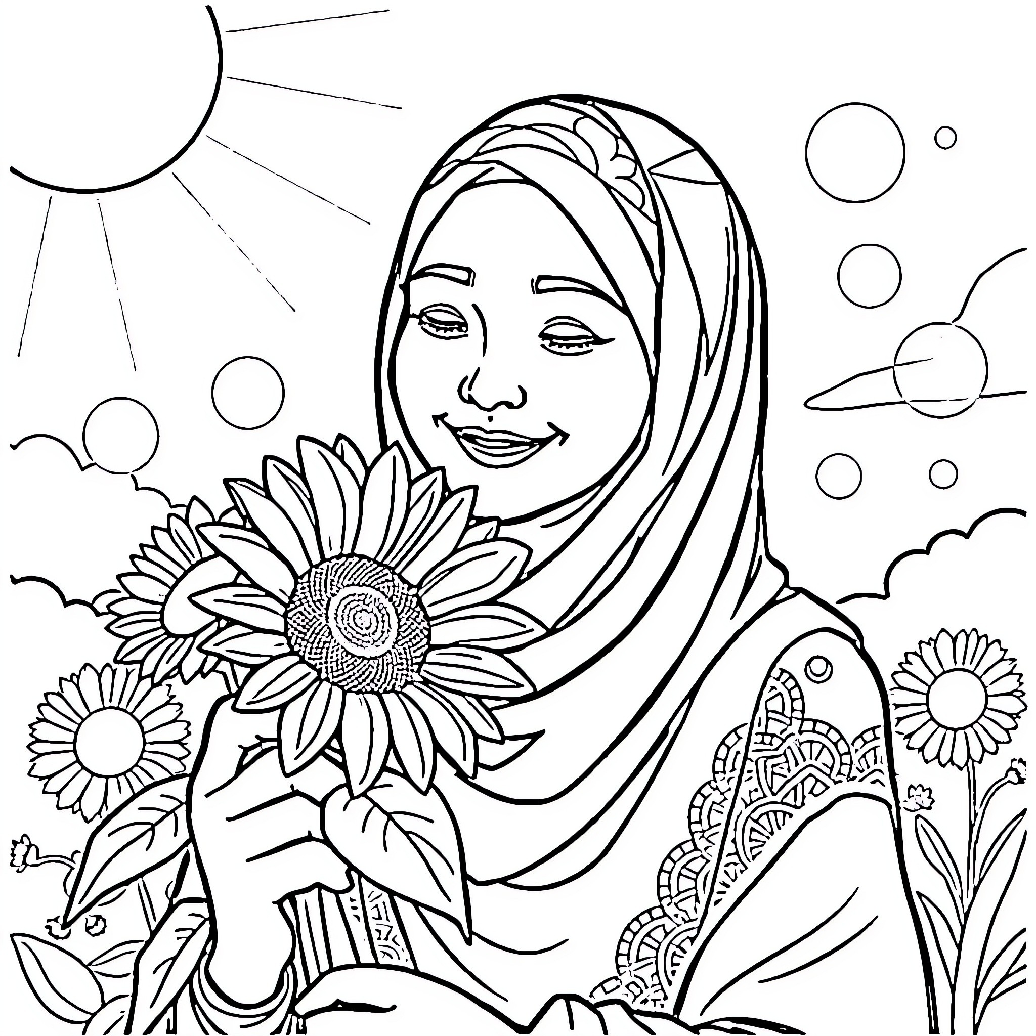 Woman in hijab holding sunflower amidst nature Coloring Page (free black-and-white line drawing printable PDF for all, from beginners to advanced learners, including children, teens, adults, and seniors)