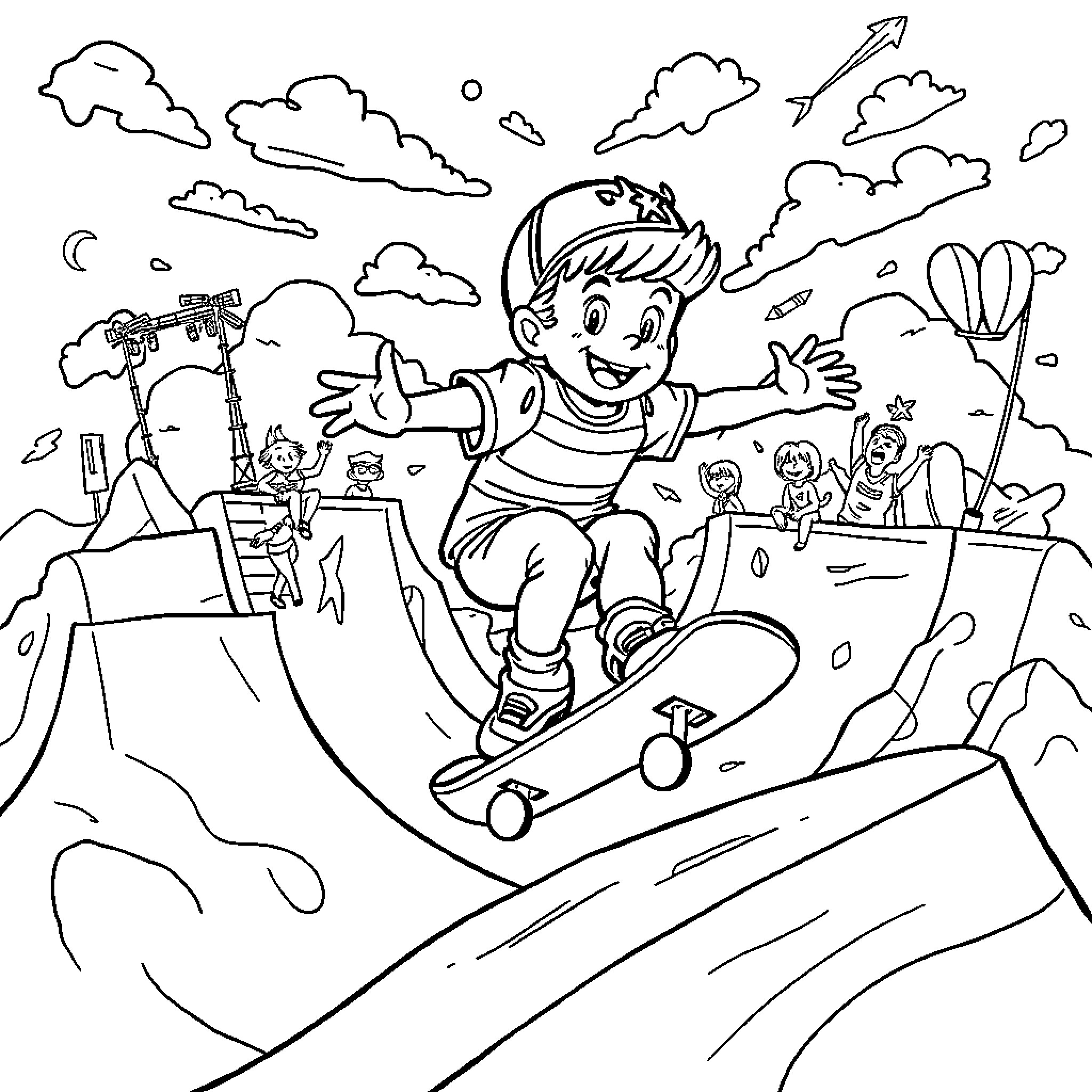 Dandy Boy's Adventurous Day Outdoors Coloring Page (free black-and-white line drawing printable PDF for all, from beginners to advanced learners, including children, teens, adults, and seniors)