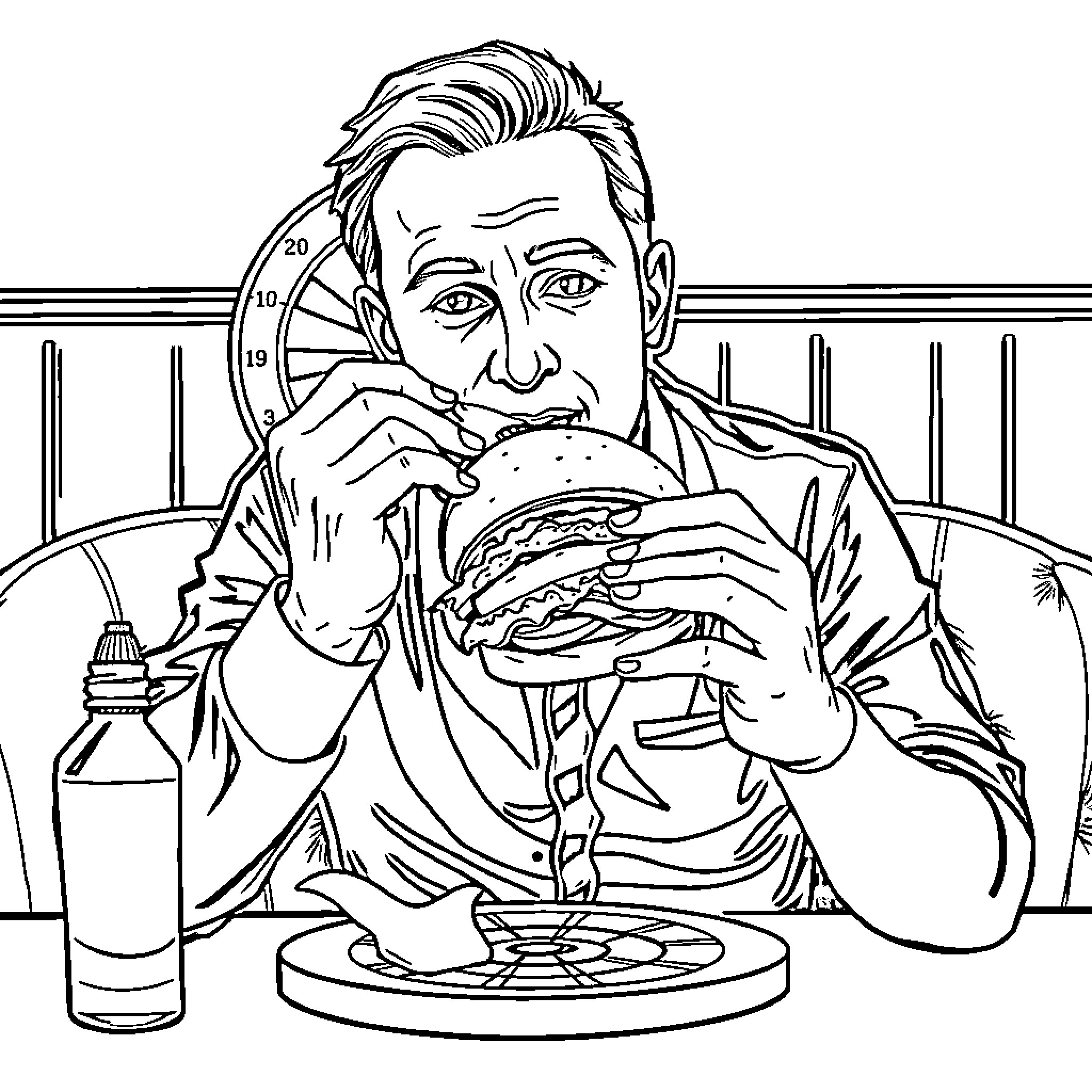 Darts Player Eagerly Enjoying a Burger in a Diner Coloring Page (free black-and-white line drawing printable PDF for all, from beginners to advanced learners, including children, teens, adults, and seniors)