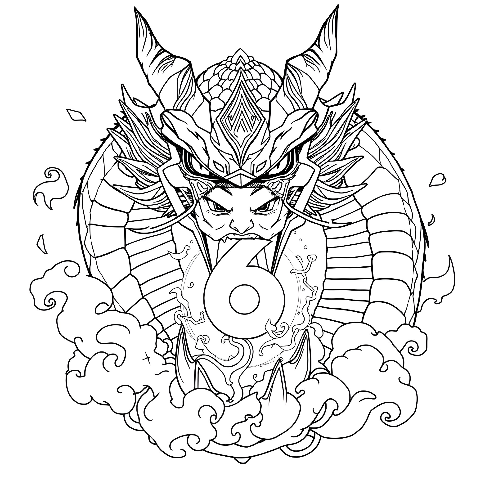Shenron summoned amidst mystic clouds and elements Coloring Page (free black-and-white line drawing printable PDF for all, from beginners to advanced learners, including children, teens, adults, and seniors)