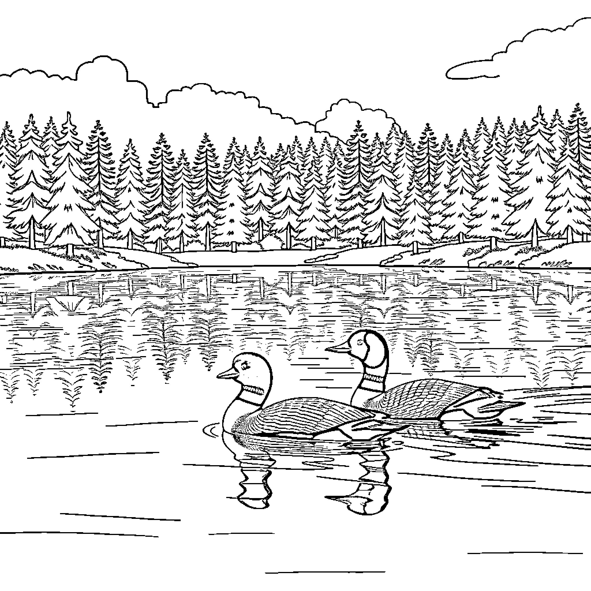 Loons swimming in a tranquil forest lake Coloring Page (free black-and-white line drawing printable PDF for all, from beginners to advanced learners, including children, teens, adults, and seniors)