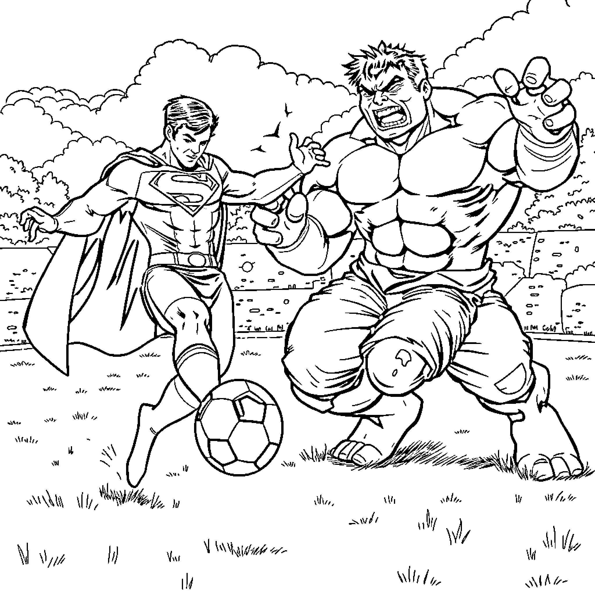 Superman playing soccer with muscular hero Coloring Page (free black-and-white line drawing printable PDF for all, from beginners to advanced learners, including children, teens, adults, and seniors)