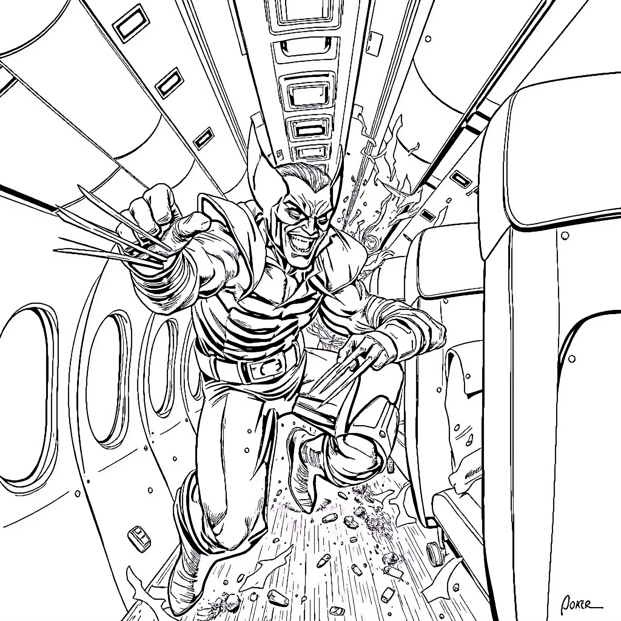 Wolverine Unleashing Claws in Chaotic Moment Coloring Page (free black-and-white line drawing printable PDF for all, from beginners to advanced learners, including children, teens, adults, and seniors)
