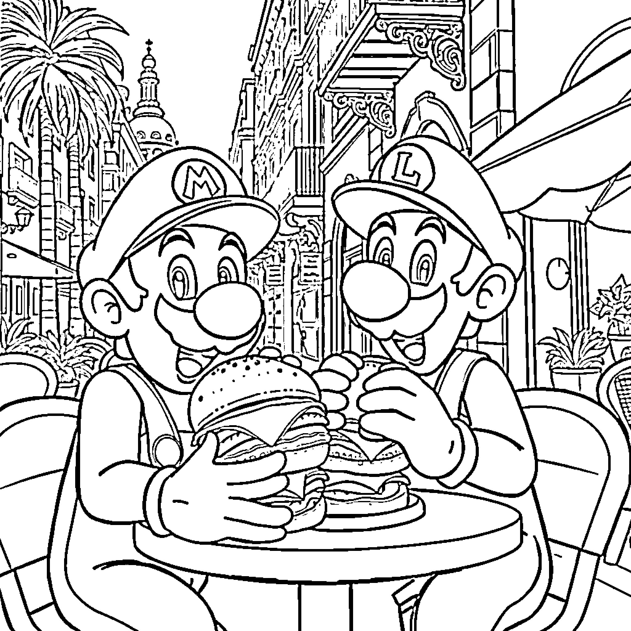 Mario Brothers Eating Burgers in the City Coloring Page (free black-and-white line drawing printable PDF for all, from beginners to advanced learners, including children, teens, adults, and seniors)