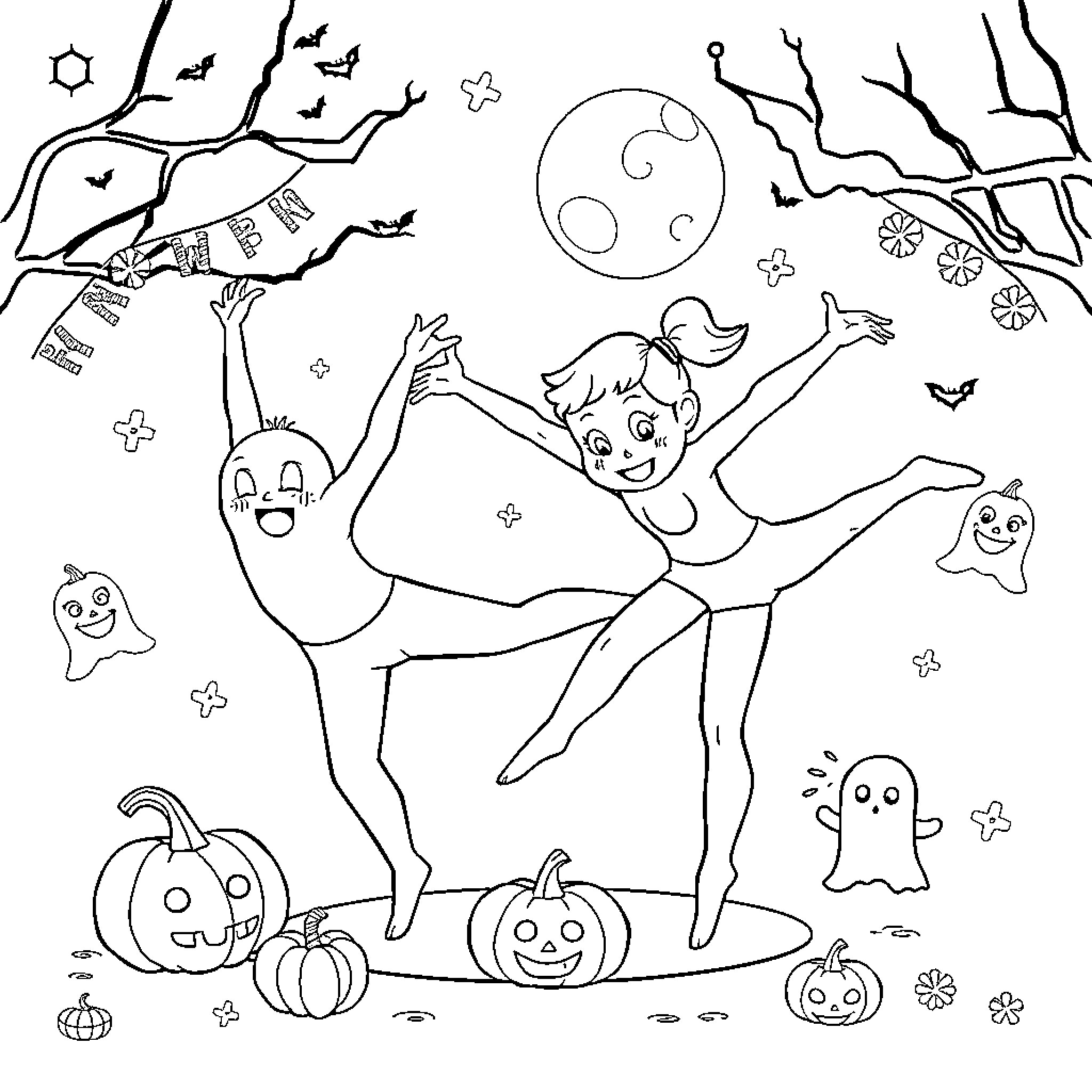 Gymnastics in a Whimsical Halloween Scene Coloring Page (free black-and-white line drawing printable PDF for all, from beginners to advanced learners, including children, teens, adults, and seniors)