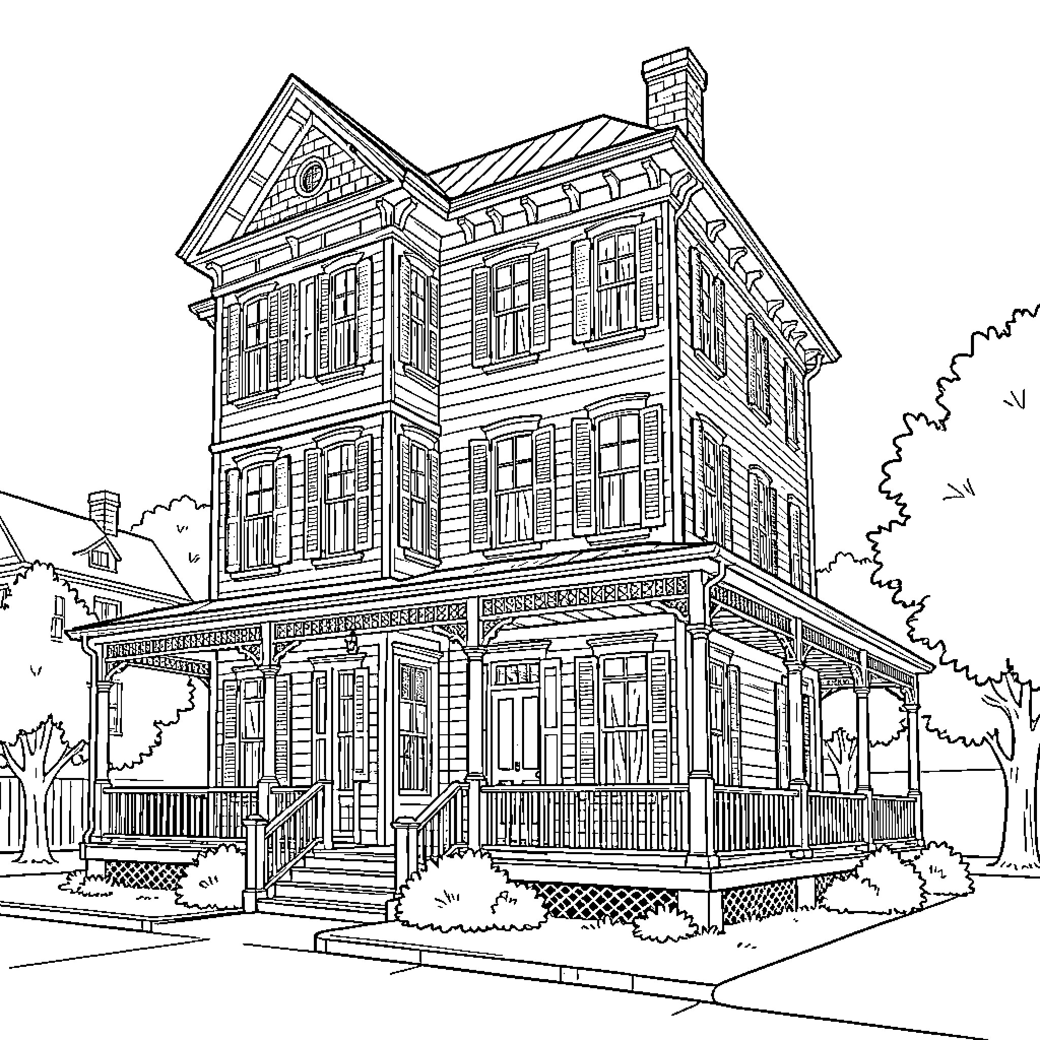 House with intricate architectural details Coloring Page (free black-and-white line drawing printable PDF for all, from beginners to advanced learners, including children, teens, adults, and seniors)
