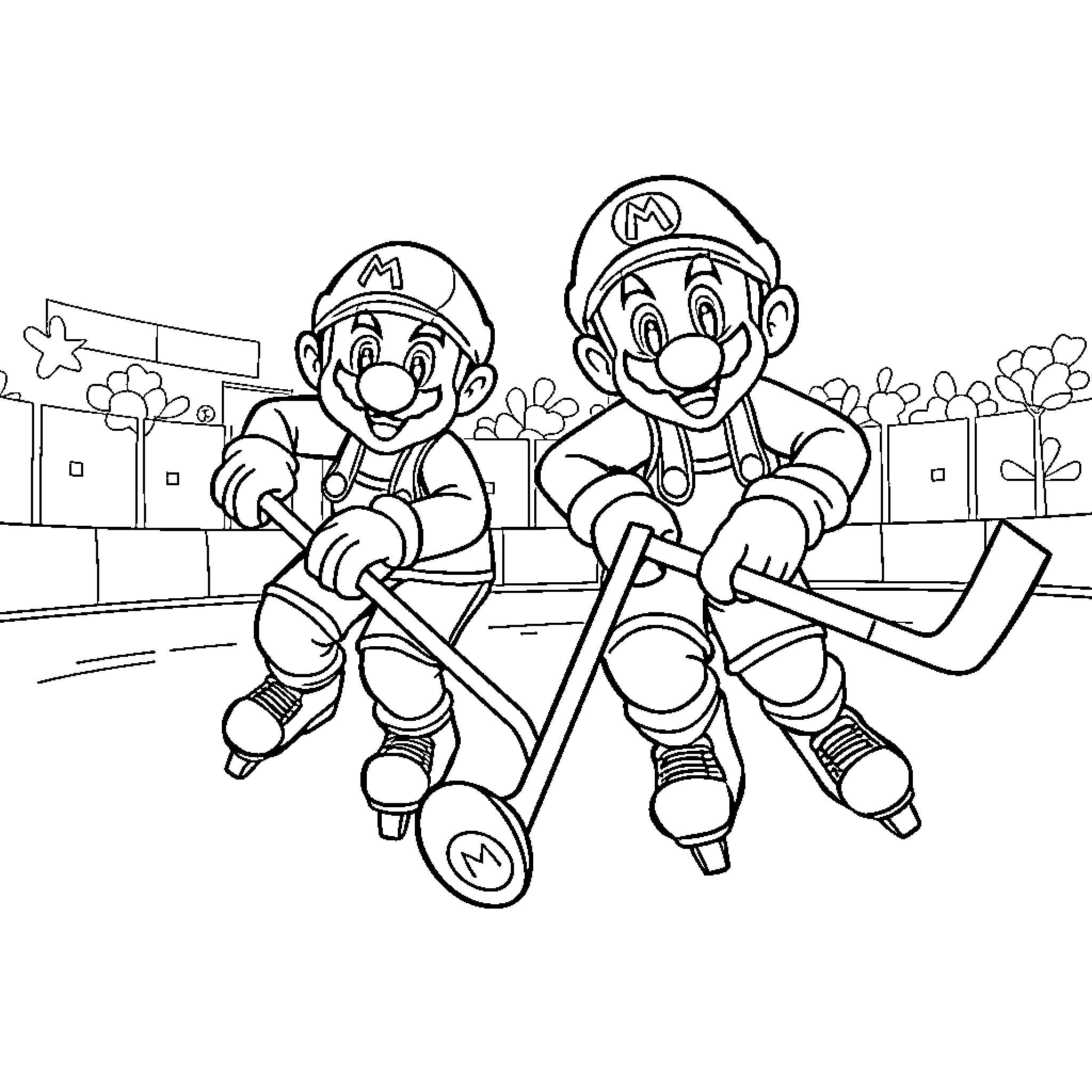 Mario Brothers Playing Hockey on the Rink Coloring Page (free black-and-white line drawing printable PDF for all, from beginners to advanced learners, including children, teens, adults, and seniors)