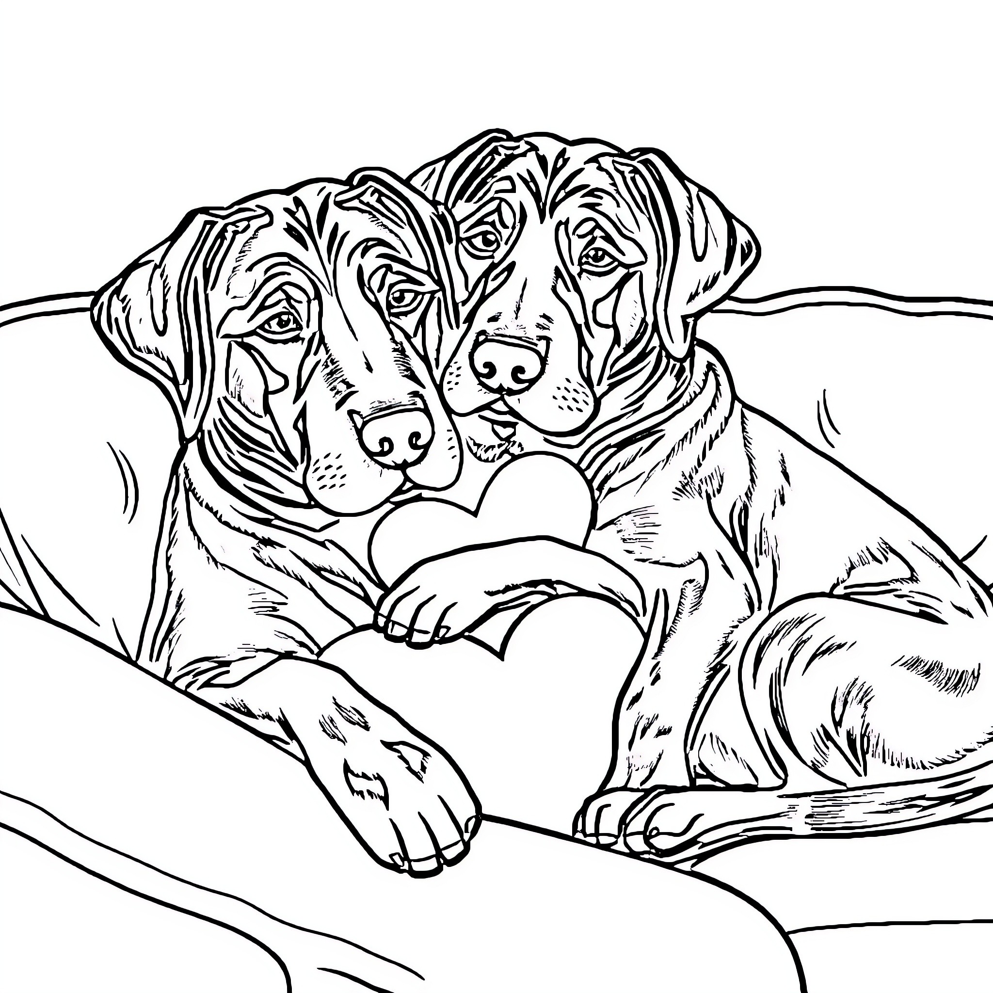 Labrador Duo Cuddling Affectionately Coloring Page (free black-and-white line drawing printable PDF for all, from beginners to advanced learners, including children, teens, adults, and seniors)