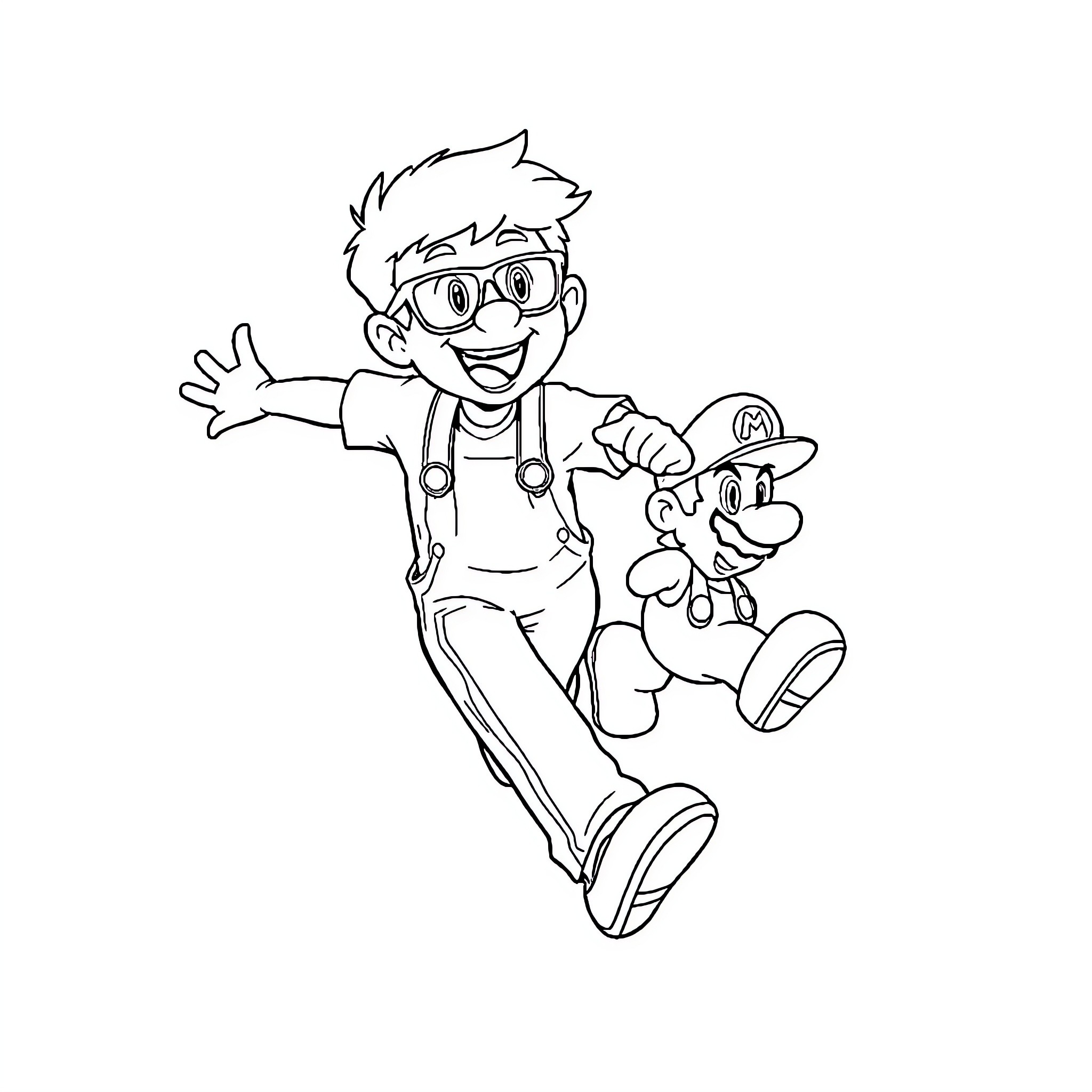 Boy playing with toy plumber in action Coloring Page (free black-and-white line drawing printable PDF for all, from beginners to advanced learners, including children, teens, adults, and seniors)