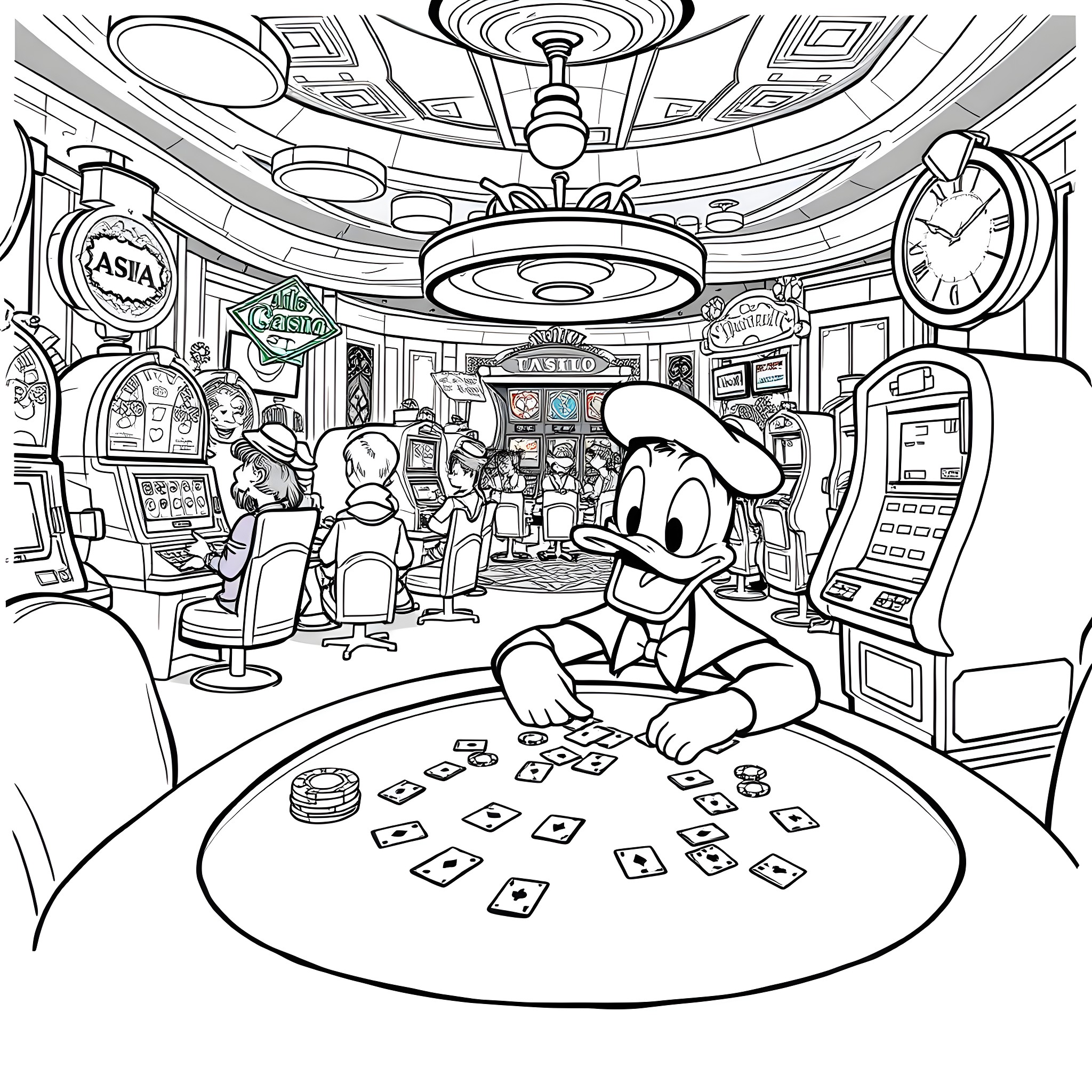Donald Duck playing cards in a casino-themed environment Coloring Page (free black-and-white line drawing printable PDF for all, from beginners to advanced learners, including children, teens, adults, and seniors)