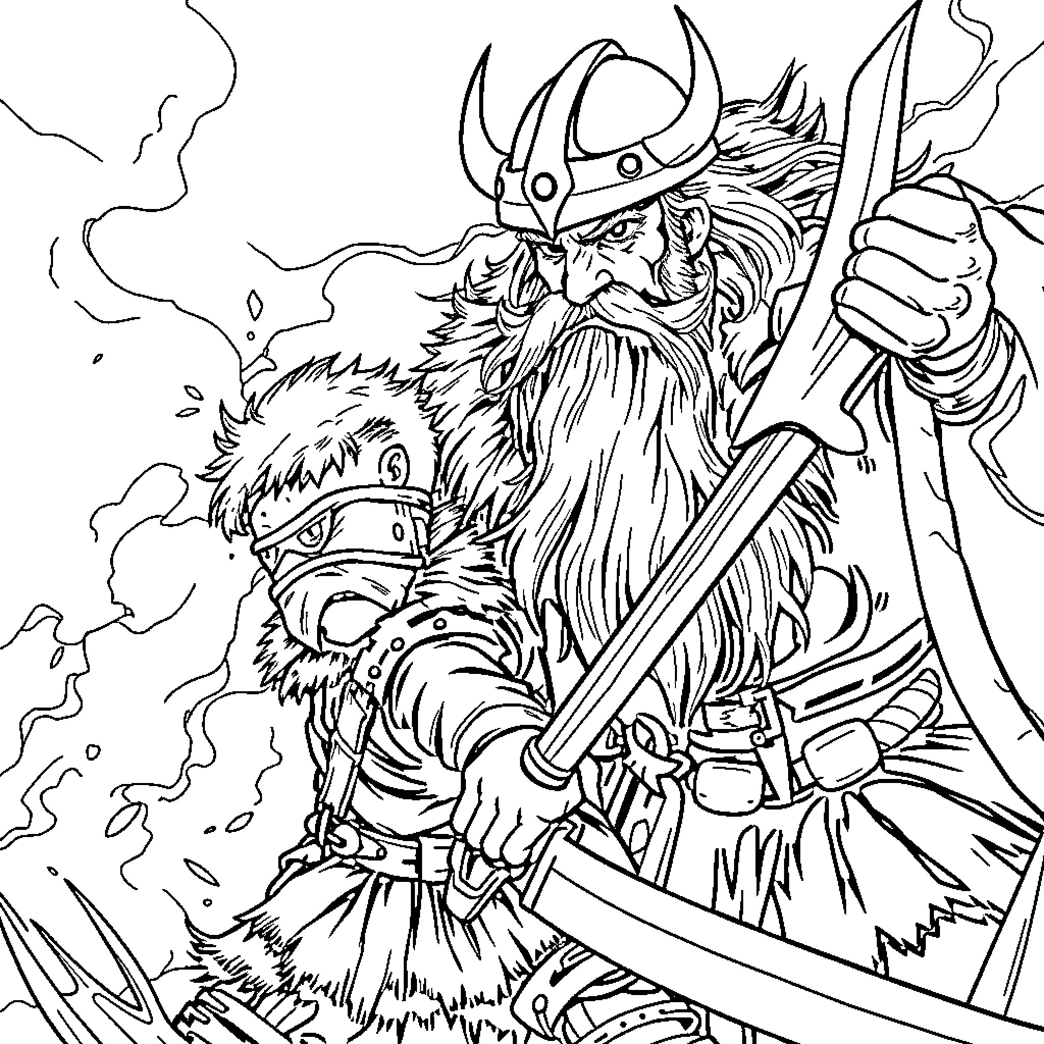Viking warriors engaged in fierce battle Coloring Page (free black-and-white line drawing printable PDF for all, from beginners to advanced learners, including children, teens, adults, and seniors)