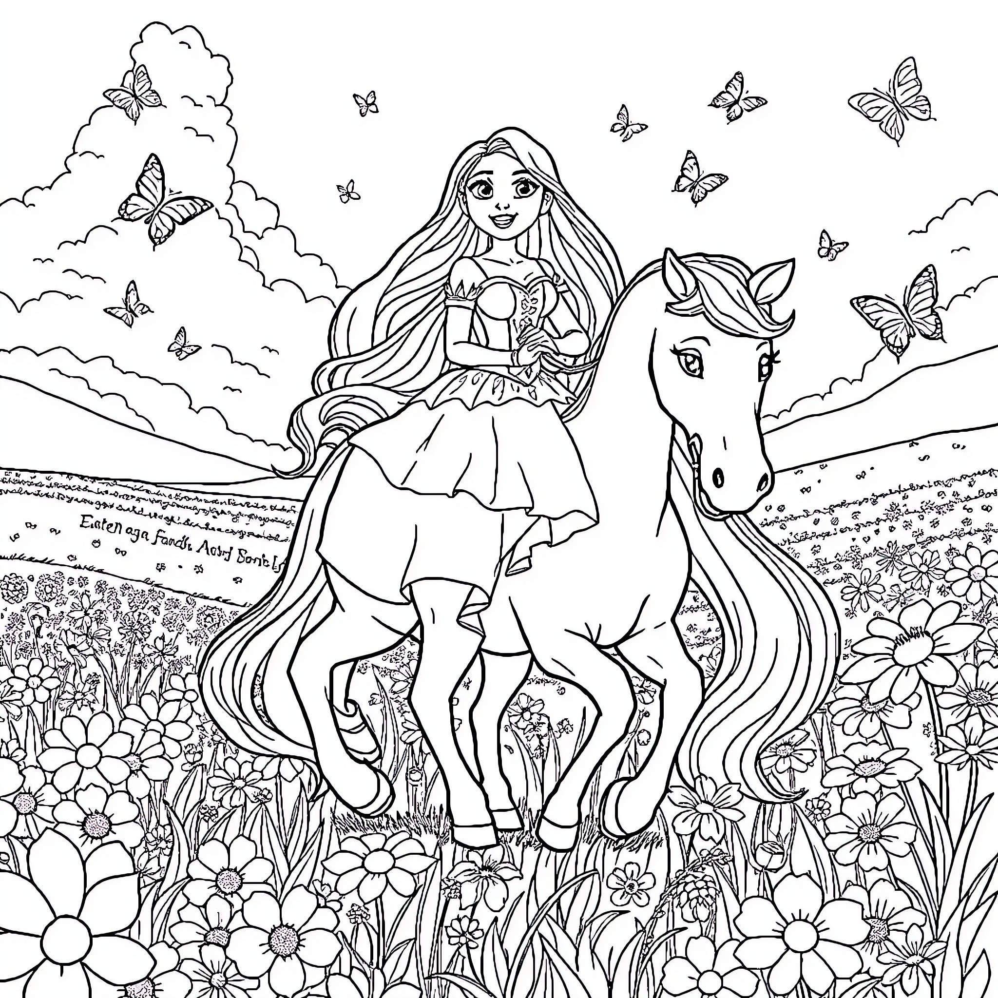 Rapunzel riding a horse through a flower-filled meadow Coloring Page (free black-and-white line drawing printable PDF for all, from beginners to advanced learners, including children, teens, adults, and seniors)