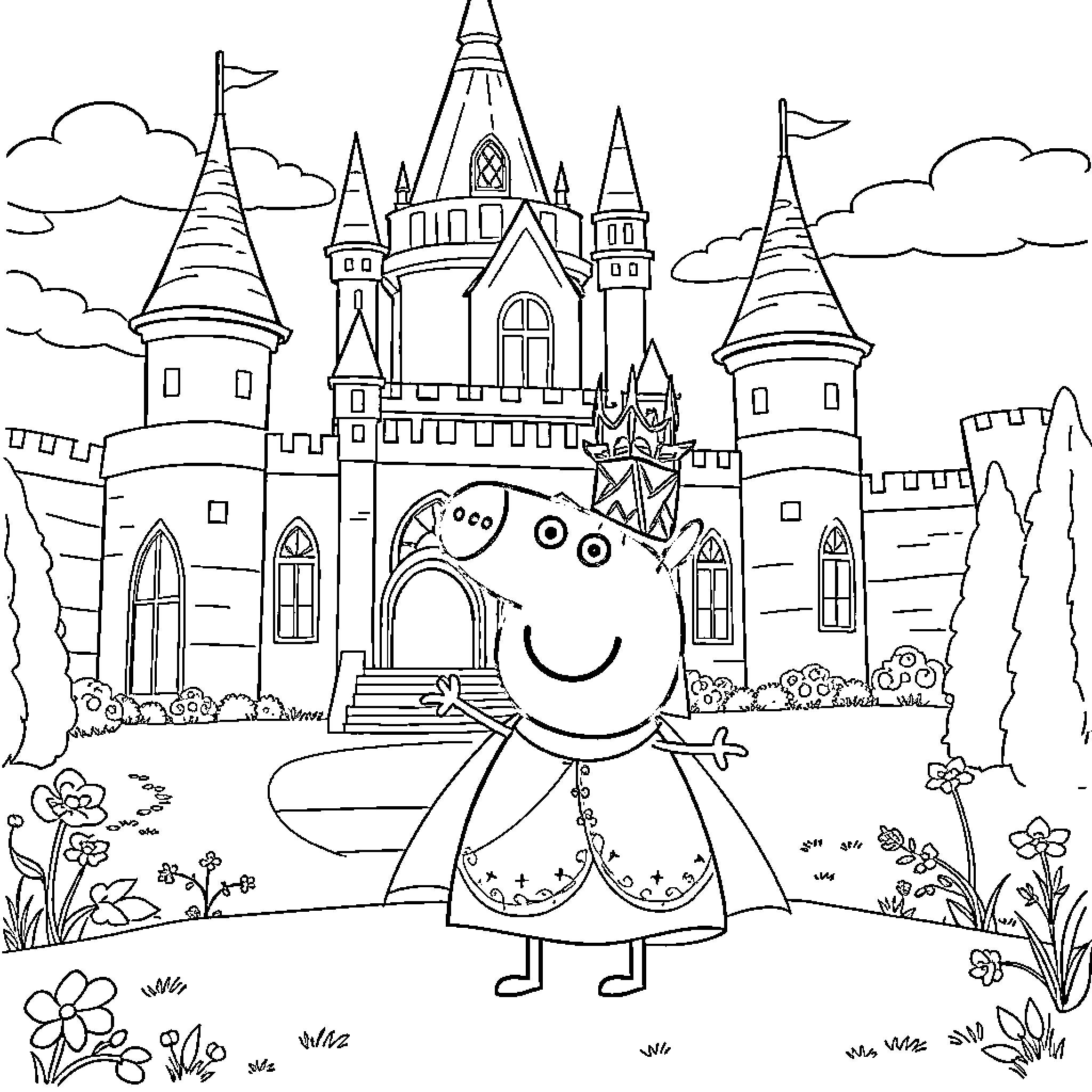 Peppa Pig exploring a whimsical castle landscape Coloring Page (free black-and-white line drawing printable PDF for all, from beginners to advanced learners, including children, teens, adults, and seniors)