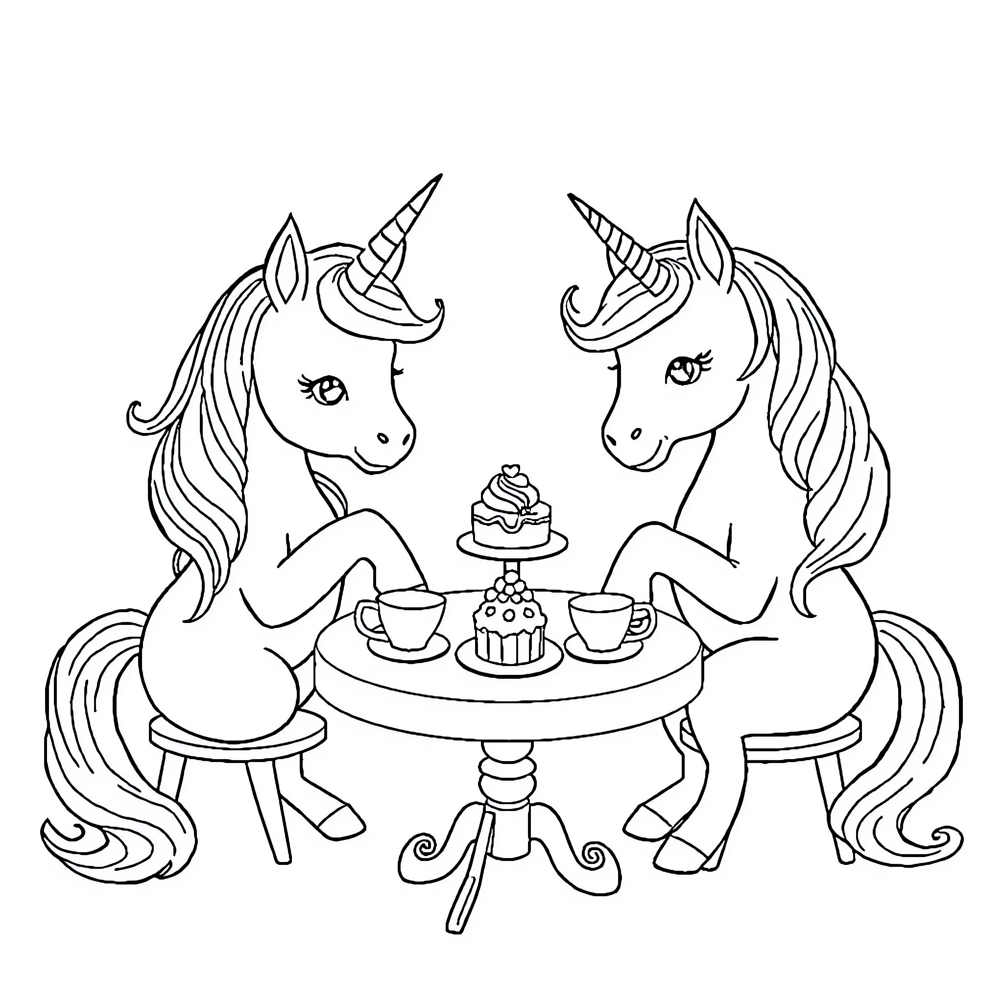 Unicorns enjoying a tea party together Coloring Page (free black-and-white line drawing printable PDF for all, from beginners to advanced learners, including children, teens, adults, and seniors)