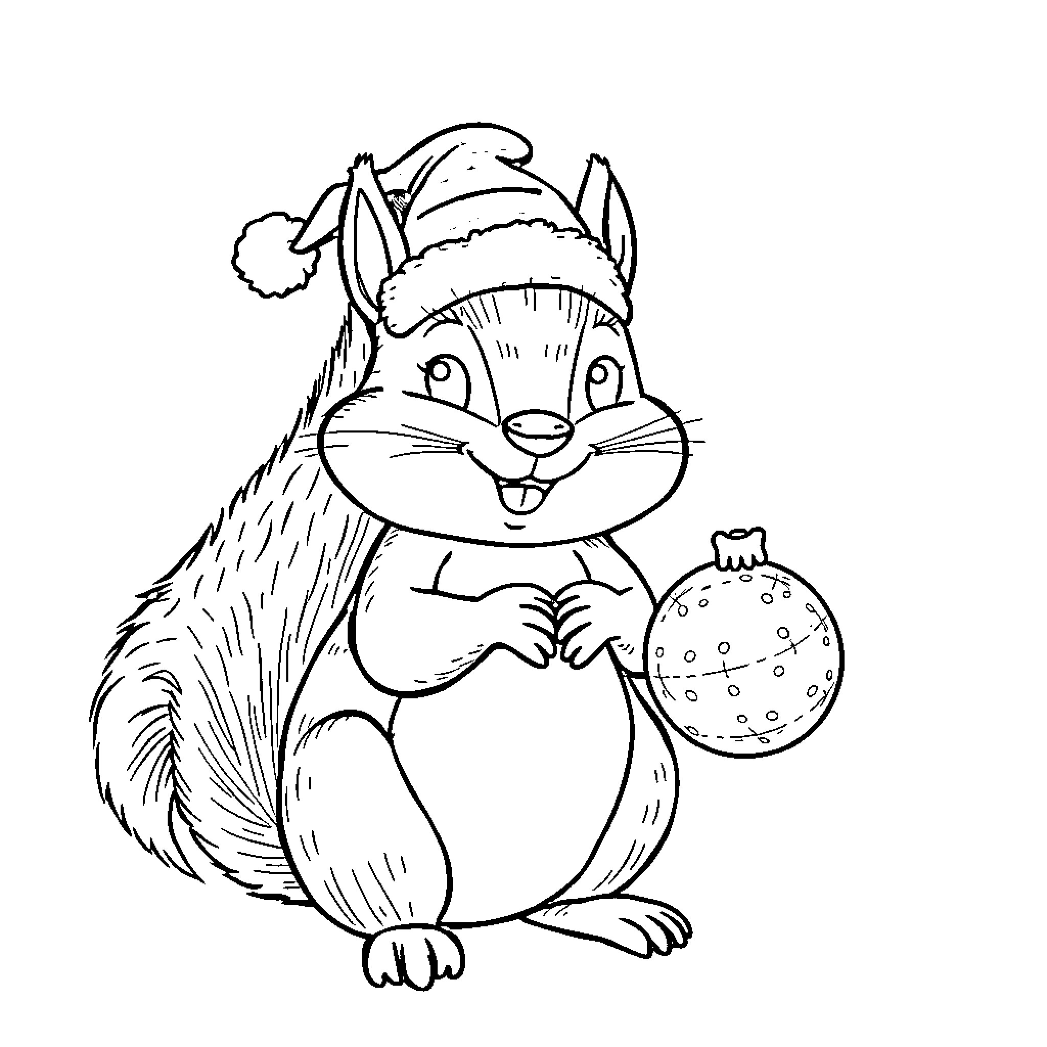 Squirrel Holding a Christmas Ornament Coloring Page (free black-and-white line drawing printable PDF for all, from beginners to advanced learners, including children, teens, adults, and seniors)