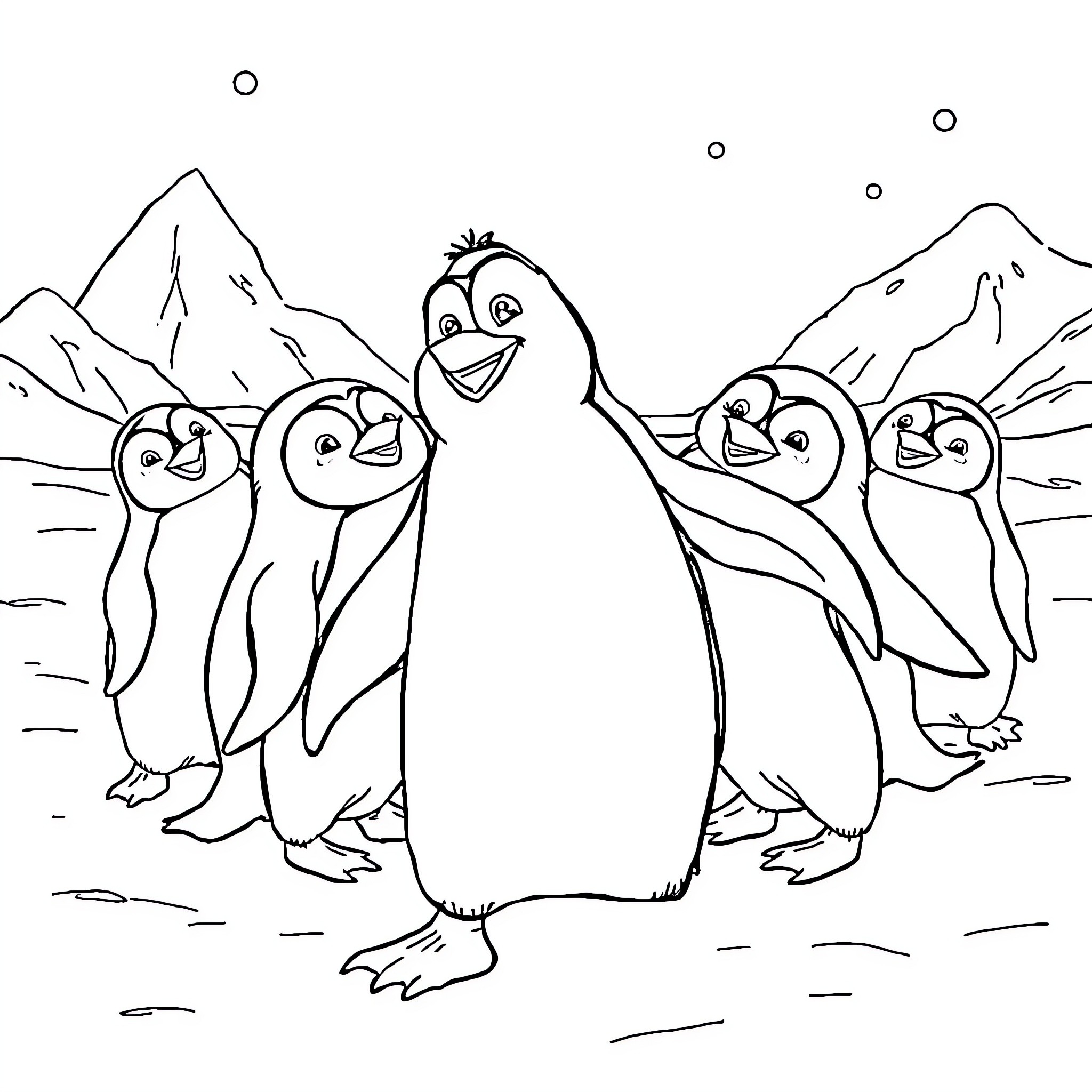 Ramone and the Playful Penguin Friends Coloring Page (free black-and-white line drawing printable PDF for all, from beginners to advanced learners, including children, teens, adults, and seniors)