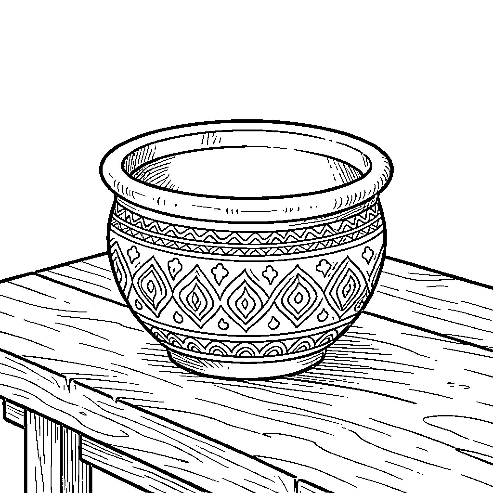 Mud Cup sitting on a wooden table Coloring Page (free black-and-white line drawing printable PDF for all, from beginners to advanced learners, including children, teens, adults, and seniors)