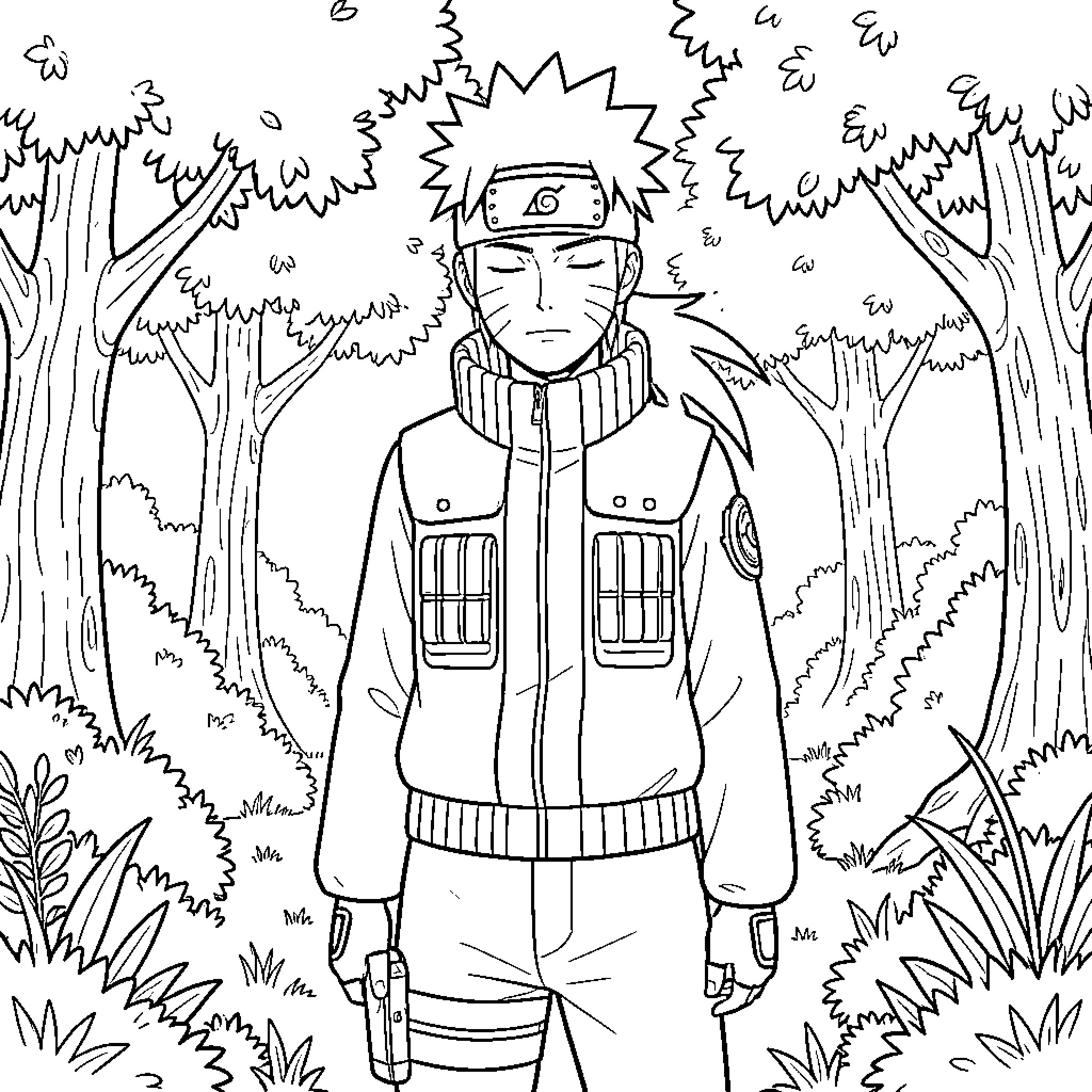 Naruto standing calmly in a forest setting Coloring Page (free black-and-white line drawing printable PDF for all, from beginners to advanced learners, including children, teens, adults, and seniors)