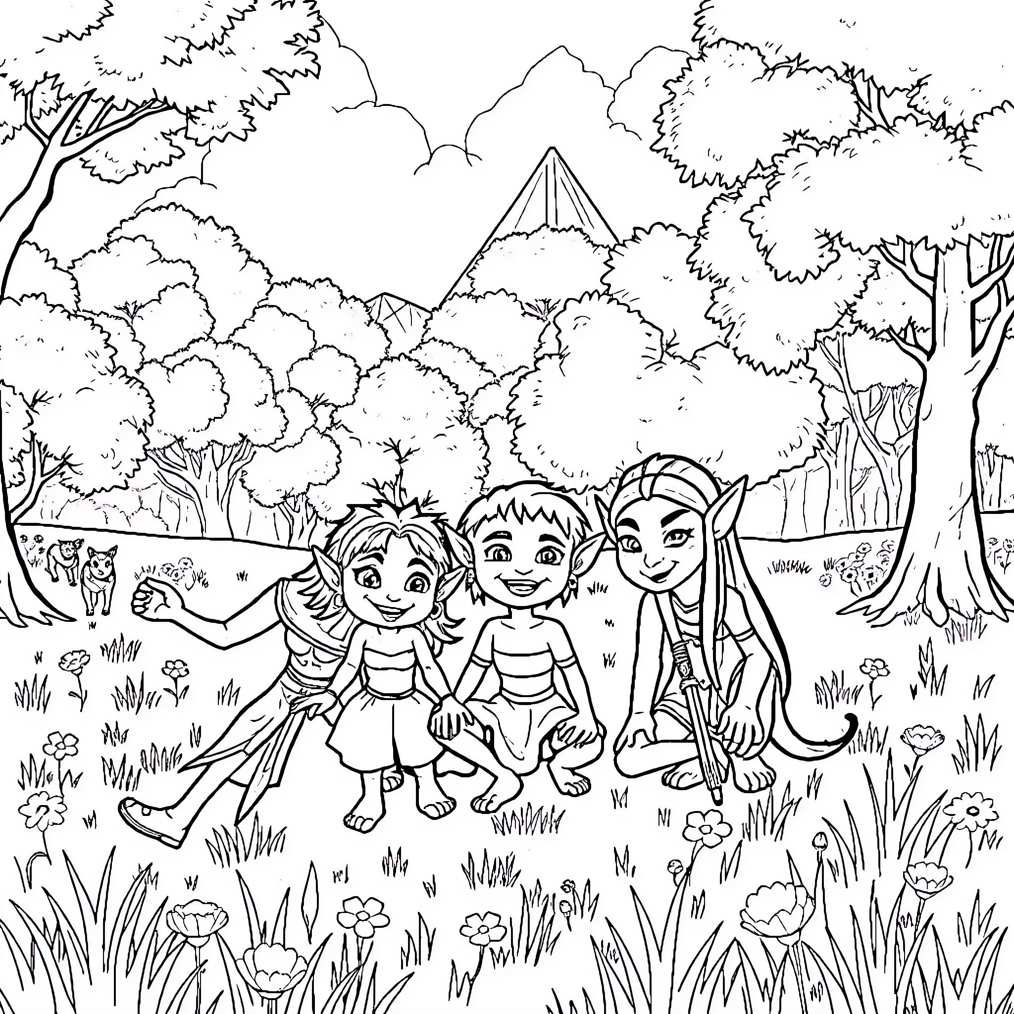 Avatar Characters Exploring Magical Forest Landscape Coloring Page (free black-and-white line drawing printable PDF for all, from beginners to advanced learners, including children, teens, adults, and seniors)