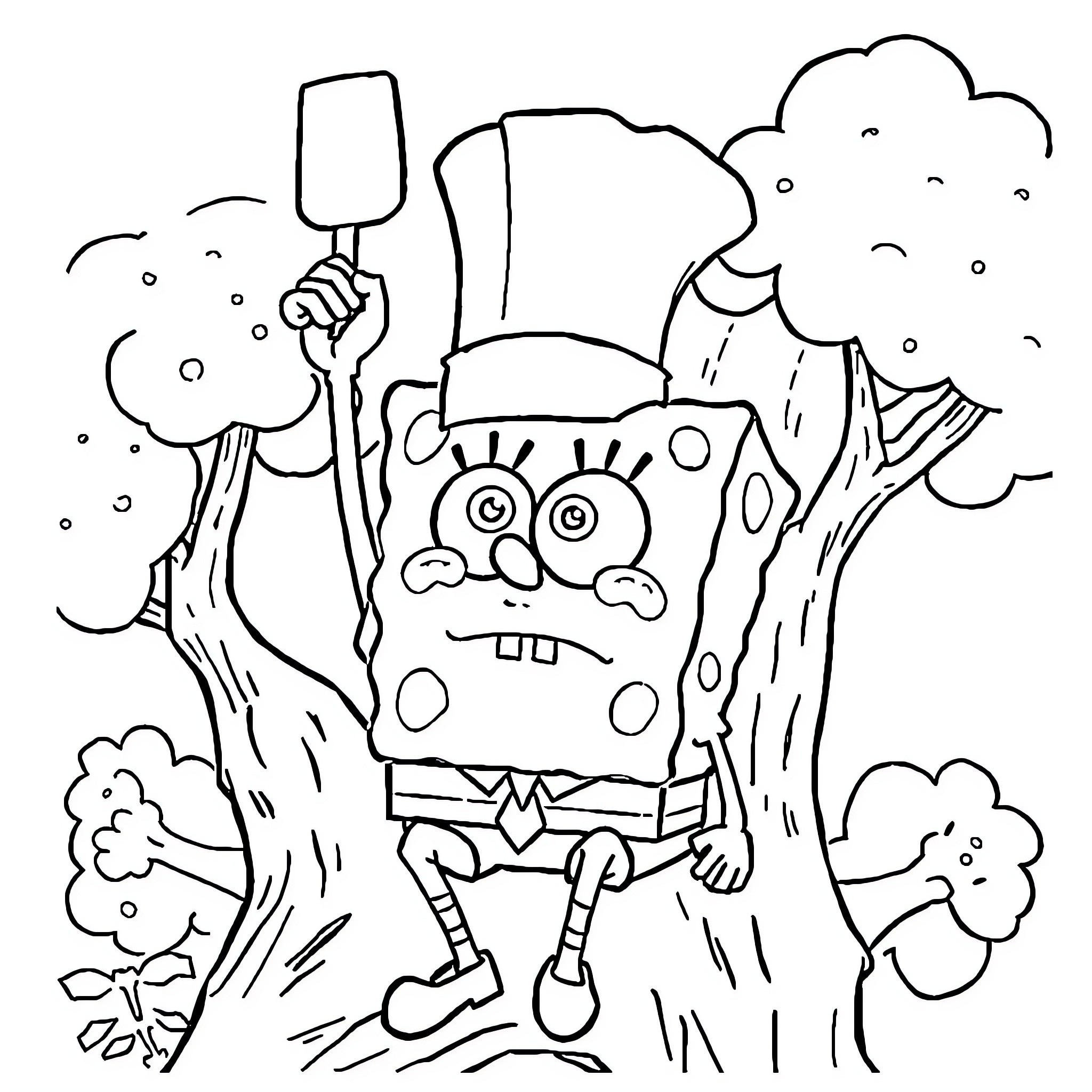 Spongebob in a snowy forest with a shovel Coloring Page (free black-and-white line drawing printable PDF for all, from beginners to advanced learners, including children, teens, adults, and seniors)