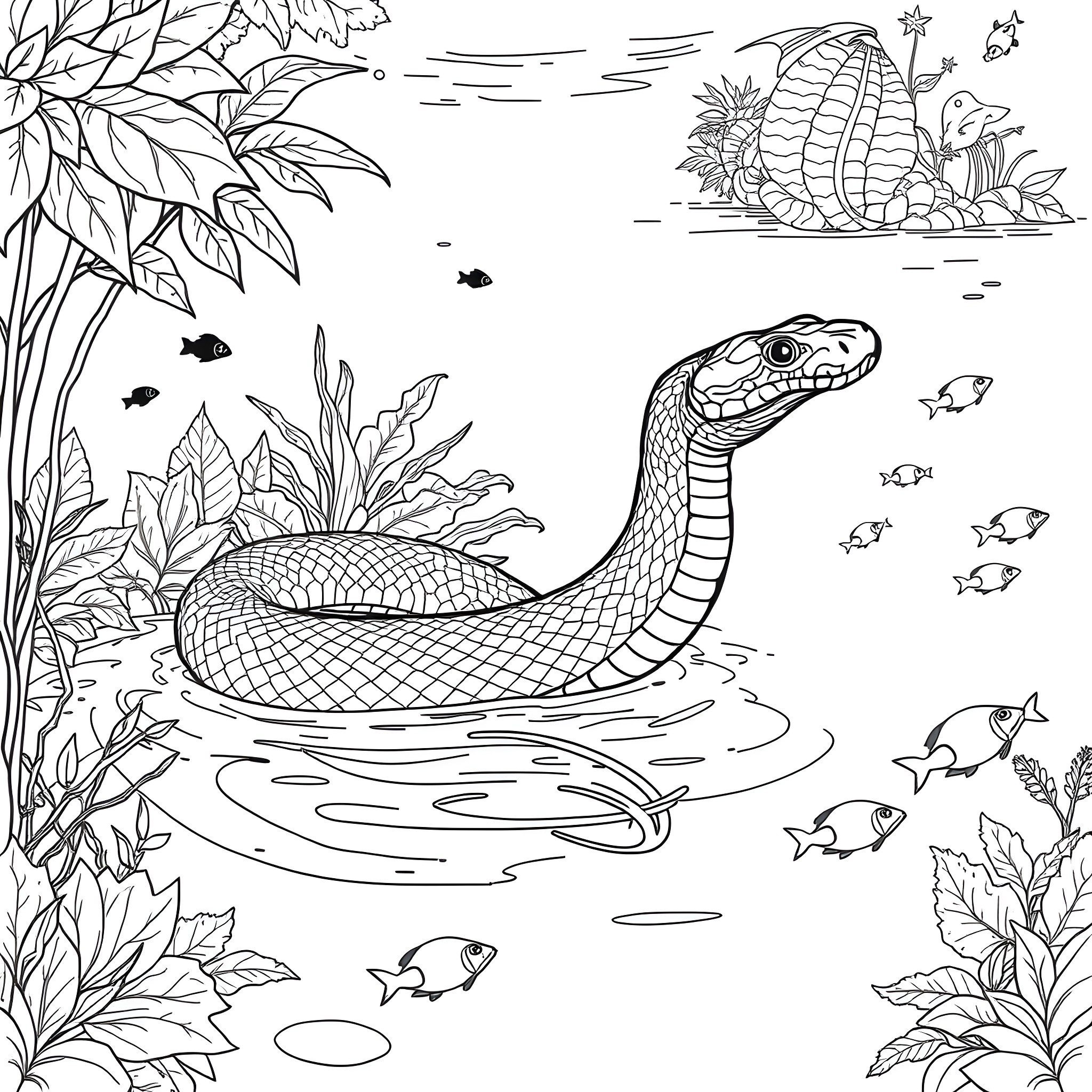 Snake swimming in tropical underwater scene Coloring Page (free black-and-white line drawing printable PDF for all, from beginners to advanced learners, including children, teens, adults, and seniors)