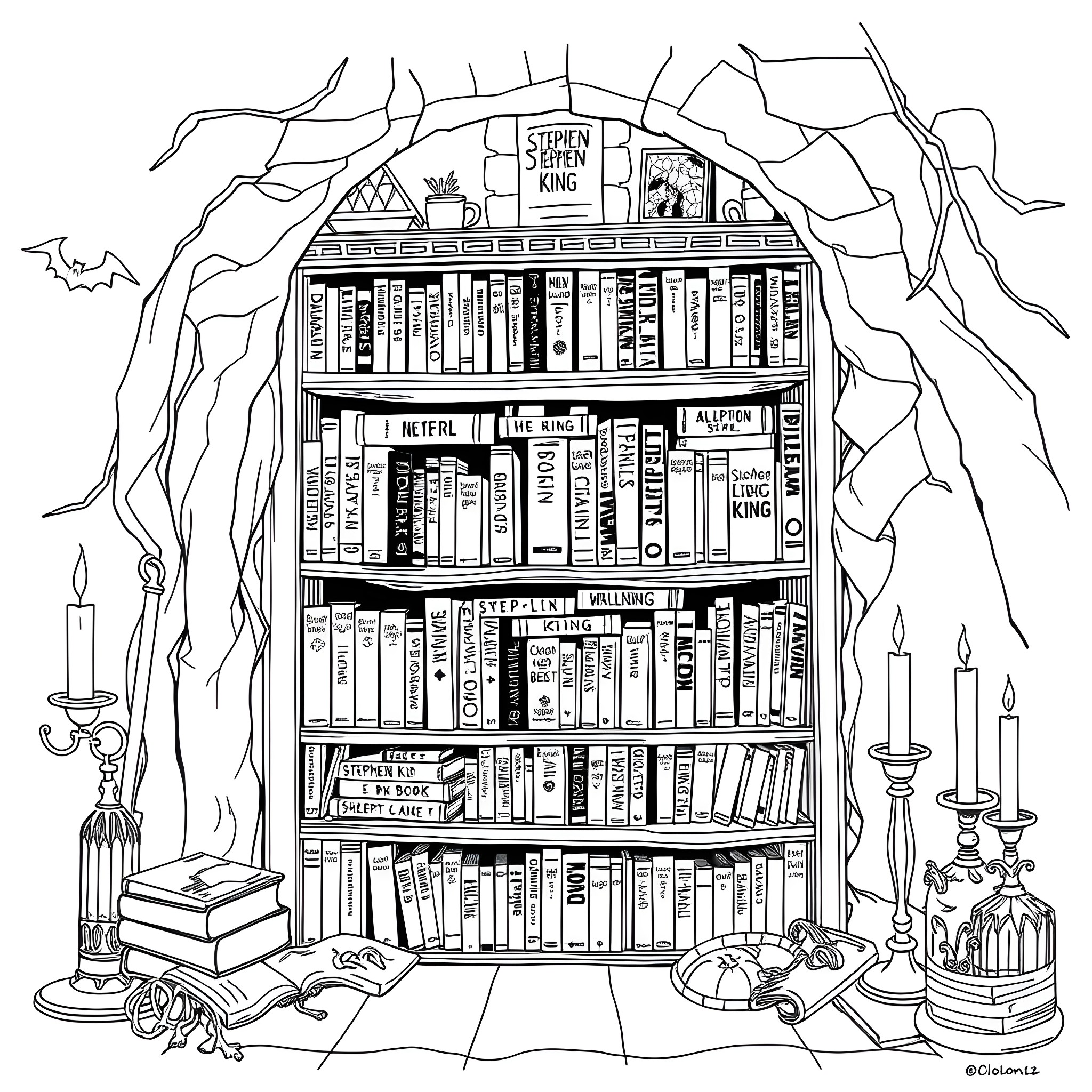 Stephen King's Spooky Literary Realm Coloring Page (free black-and-white line drawing printable PDF for all, from beginners to advanced learners, including children, teens, adults, and seniors)