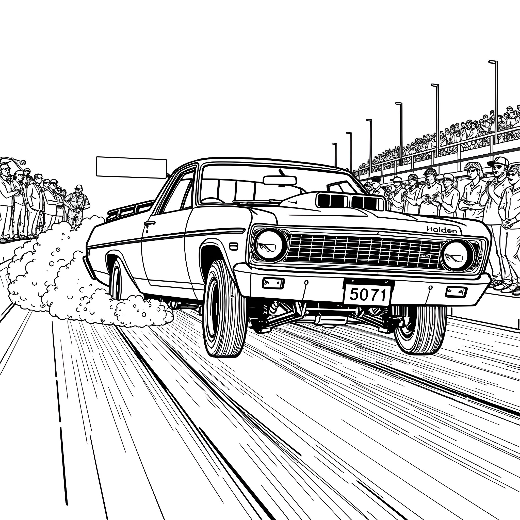 Holden racing car speeding through the stadium Coloring Page (free black-and-white line drawing printable PDF for all, from beginners to advanced learners, including children, teens, adults, and seniors)