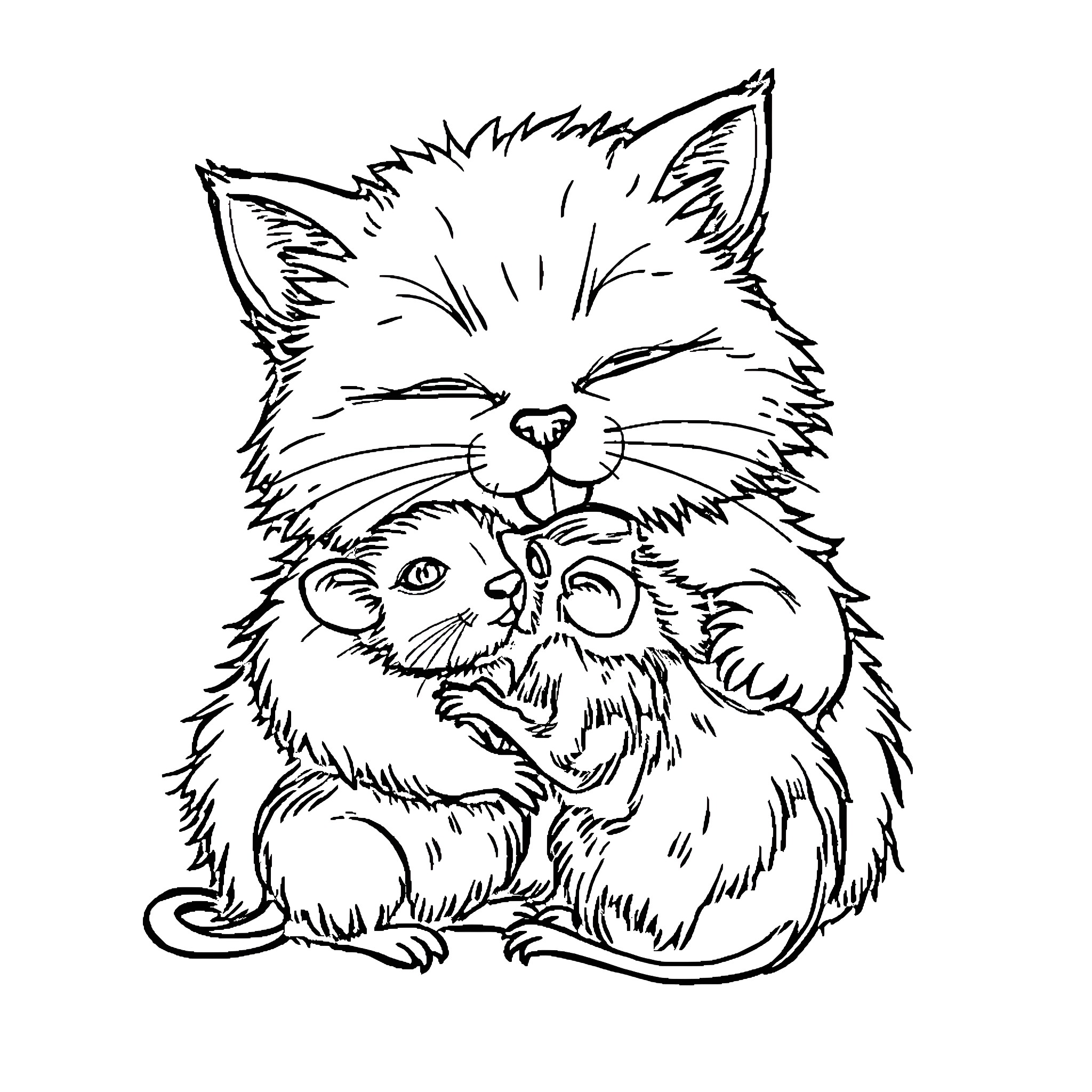 Cat cuddling adorable kitten Coloring Page (free black-and-white line drawing printable PDF for all, from beginners to advanced learners, including children, teens, adults, and seniors)