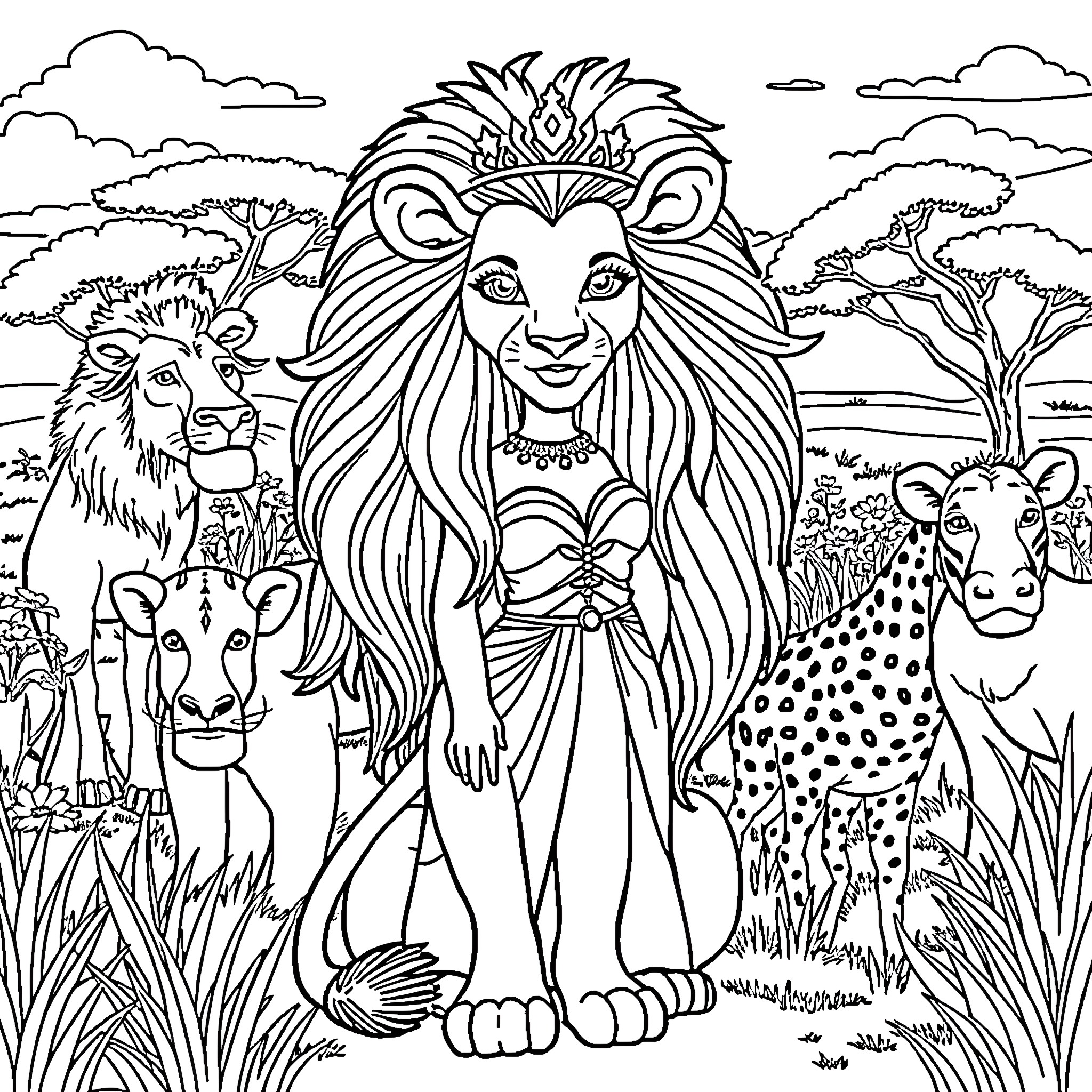 Barbie's Enchanting Safari Adventure Coloring Page (free black-and-white line drawing printable PDF for all, from beginners to advanced learners, including children, teens, adults, and seniors)