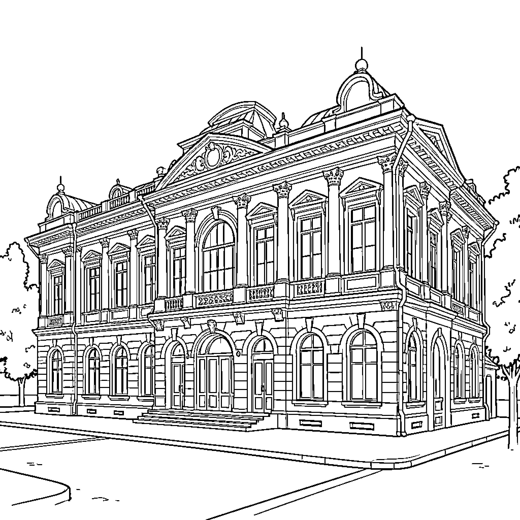 Petrovsky Palace showcasing grand neoclassical architectural details Coloring Page (free black-and-white line drawing printable PDF for all, from beginners to advanced learners, including children, teens, adults, and seniors)