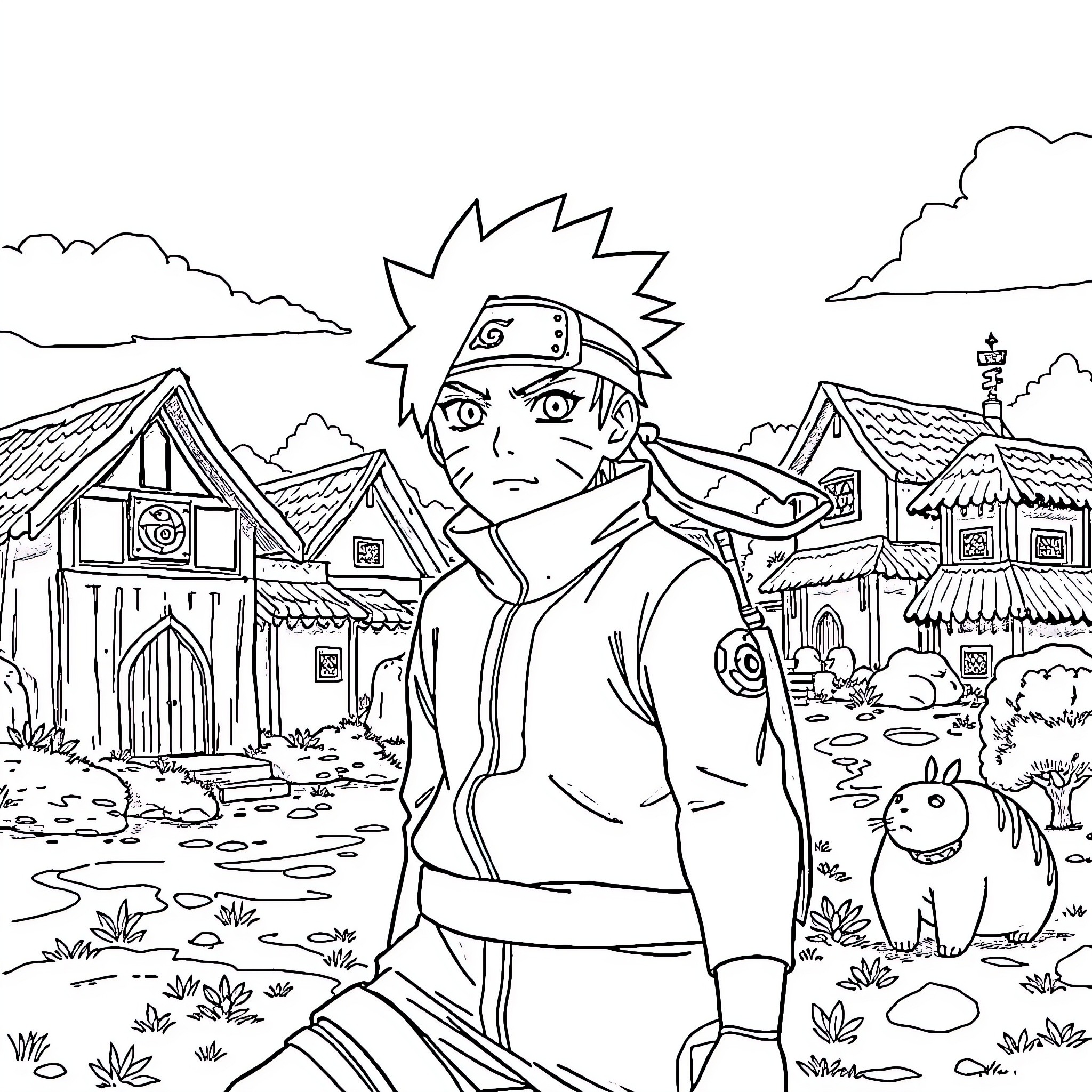Naruto exploring the hidden village with determination Coloring Page (free black-and-white line drawing printable PDF for all, from beginners to advanced learners, including children, teens, adults, and seniors)