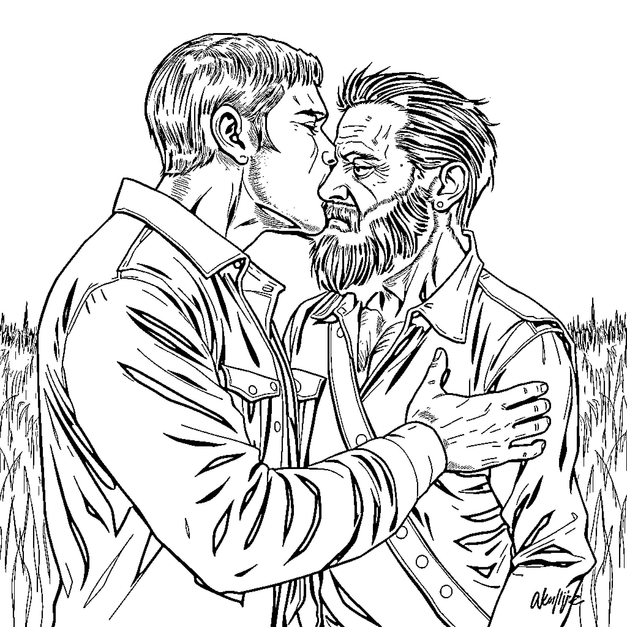 Negan confronting a bearded man in the wilderness Coloring Page (free black-and-white line drawing printable PDF for all, from beginners to advanced learners, including children, teens, adults, and seniors)