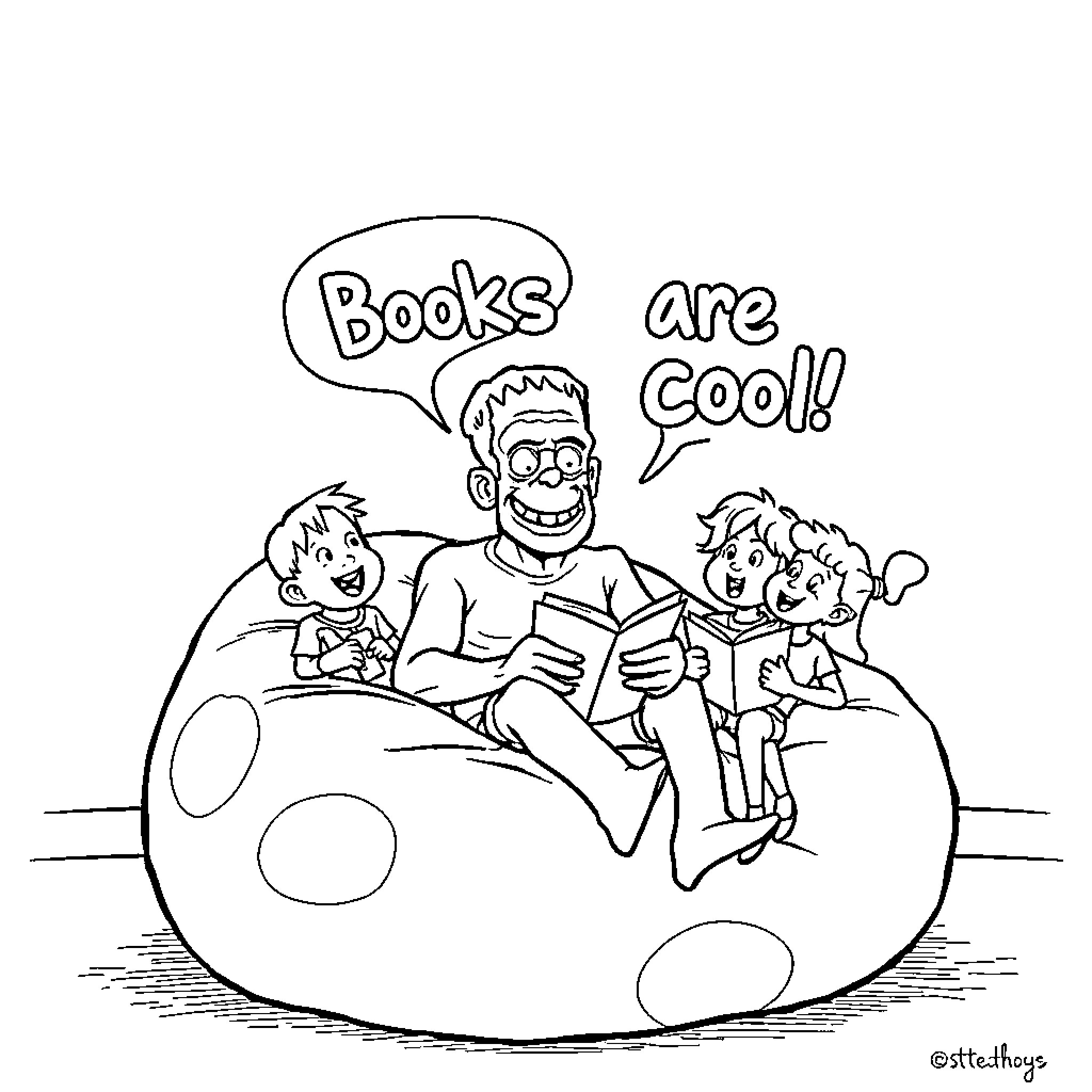 Frankenstein reading books with children Coloring Page (free black-and-white line drawing printable PDF for all, from beginners to advanced learners, including children, teens, adults, and seniors)