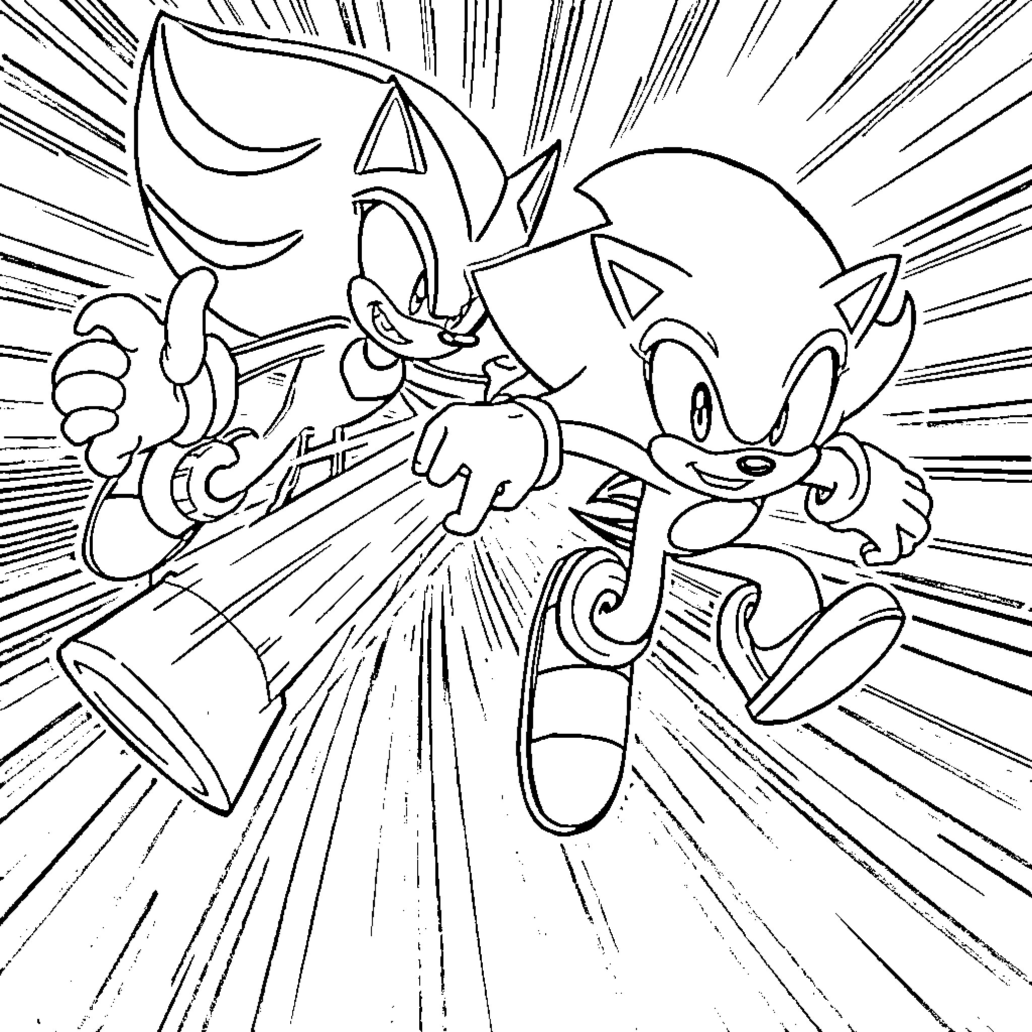 Sonic characters in dynamic action pose Coloring Page (free black-and-white line drawing printable PDF for all, from beginners to advanced learners, including children, teens, adults, and seniors)
