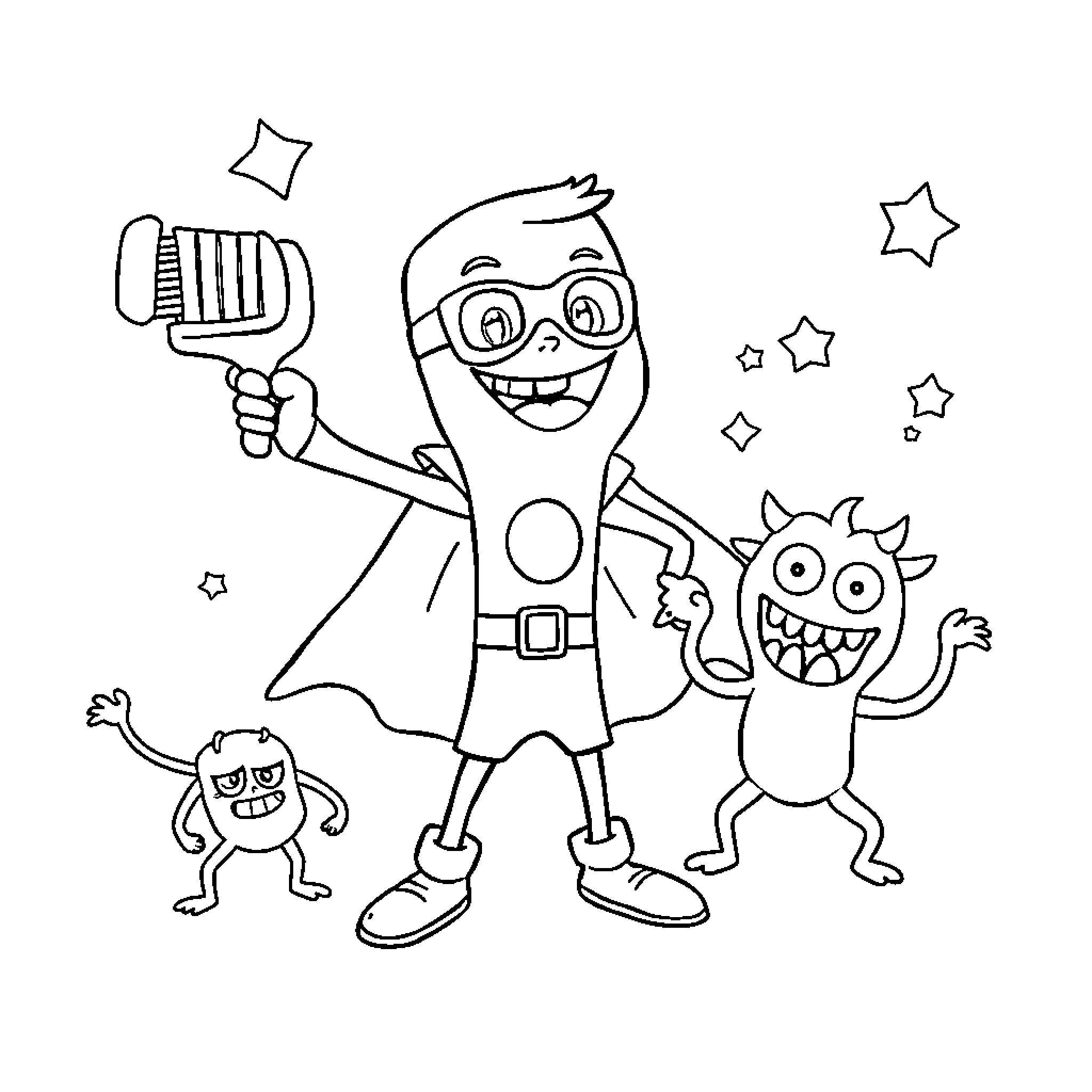 Toothbrush Superhero Brushing Teeth with Monsters Coloring Page (free black-and-white line drawing printable PDF for all, from beginners to advanced learners, including children, teens, adults, and seniors)