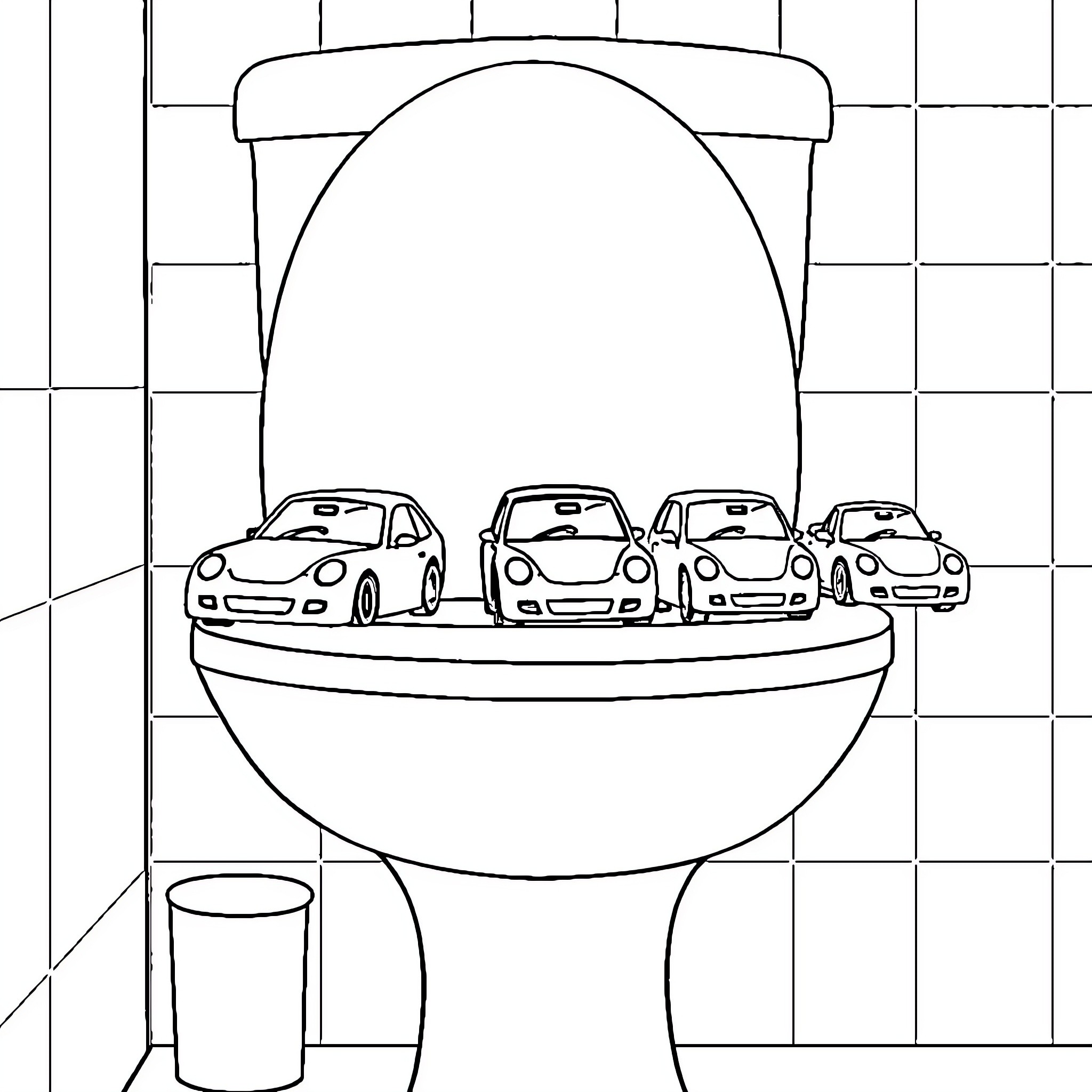 Cars Parked in a Restroom Stall Coloring Page (free black-and-white line drawing printable PDF for all, from beginners to advanced learners, including children, teens, adults, and seniors)