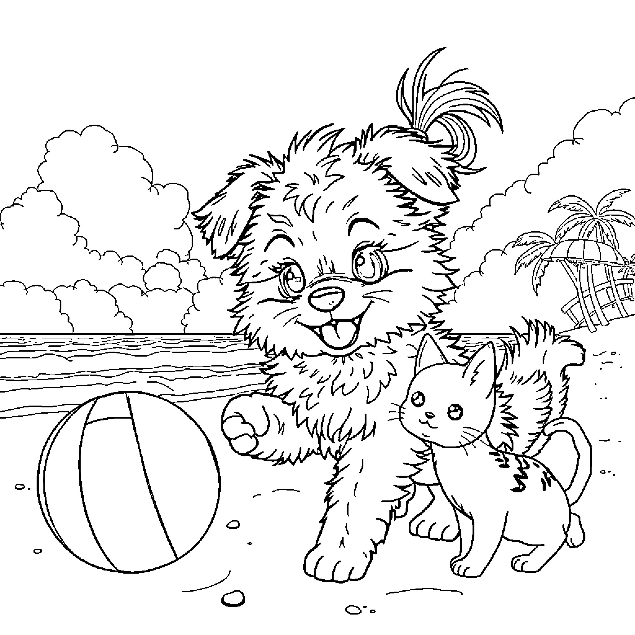 Puppy and Kitten Playing on the Beach Coloring Page (free black-and-white line drawing printable PDF for all, from beginners to advanced learners, including children, teens, adults, and seniors)