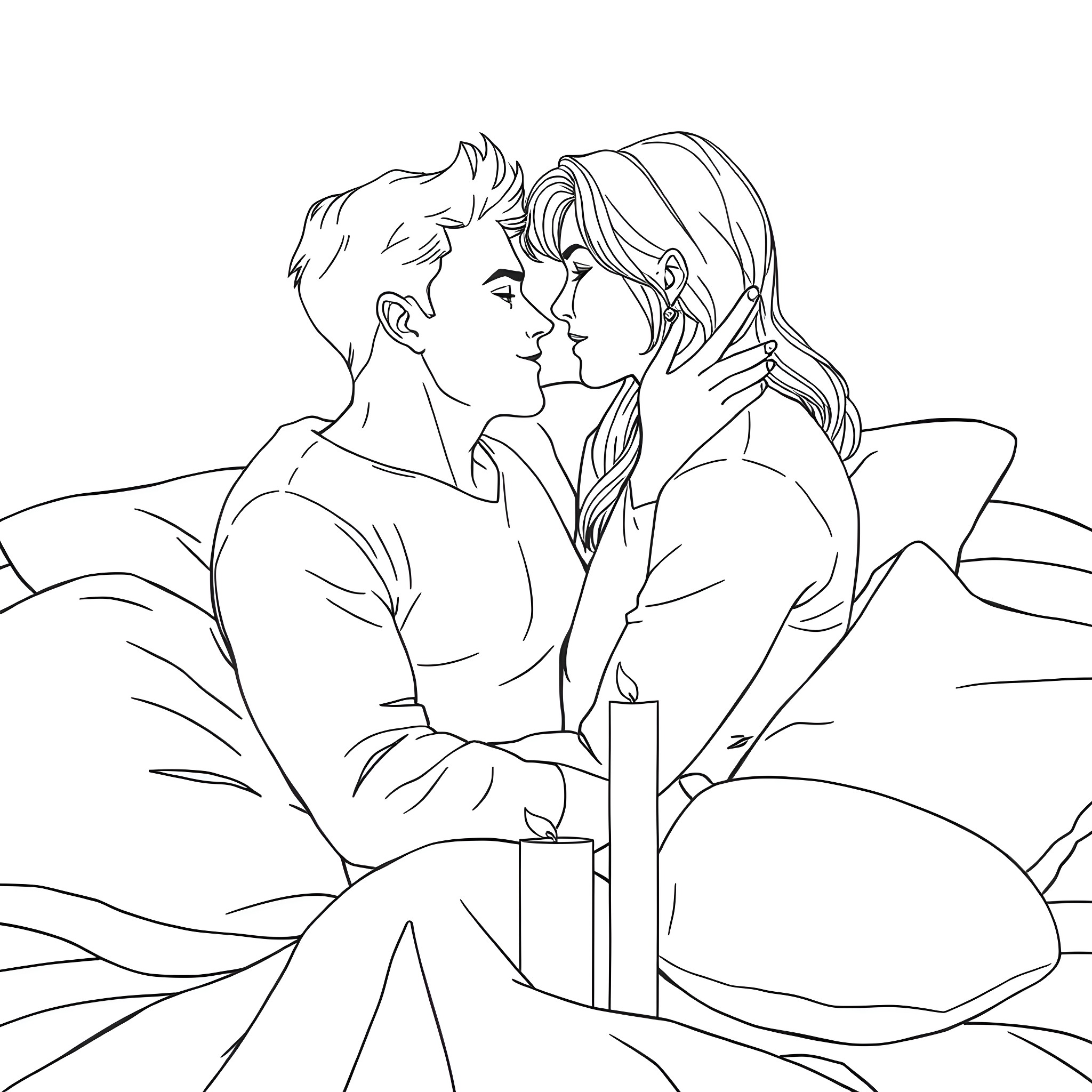 Adults in intimate embrace on bed Coloring Page (free black-and-white line drawing printable PDF for all, from beginners to advanced learners, including children, teens, adults, and seniors)