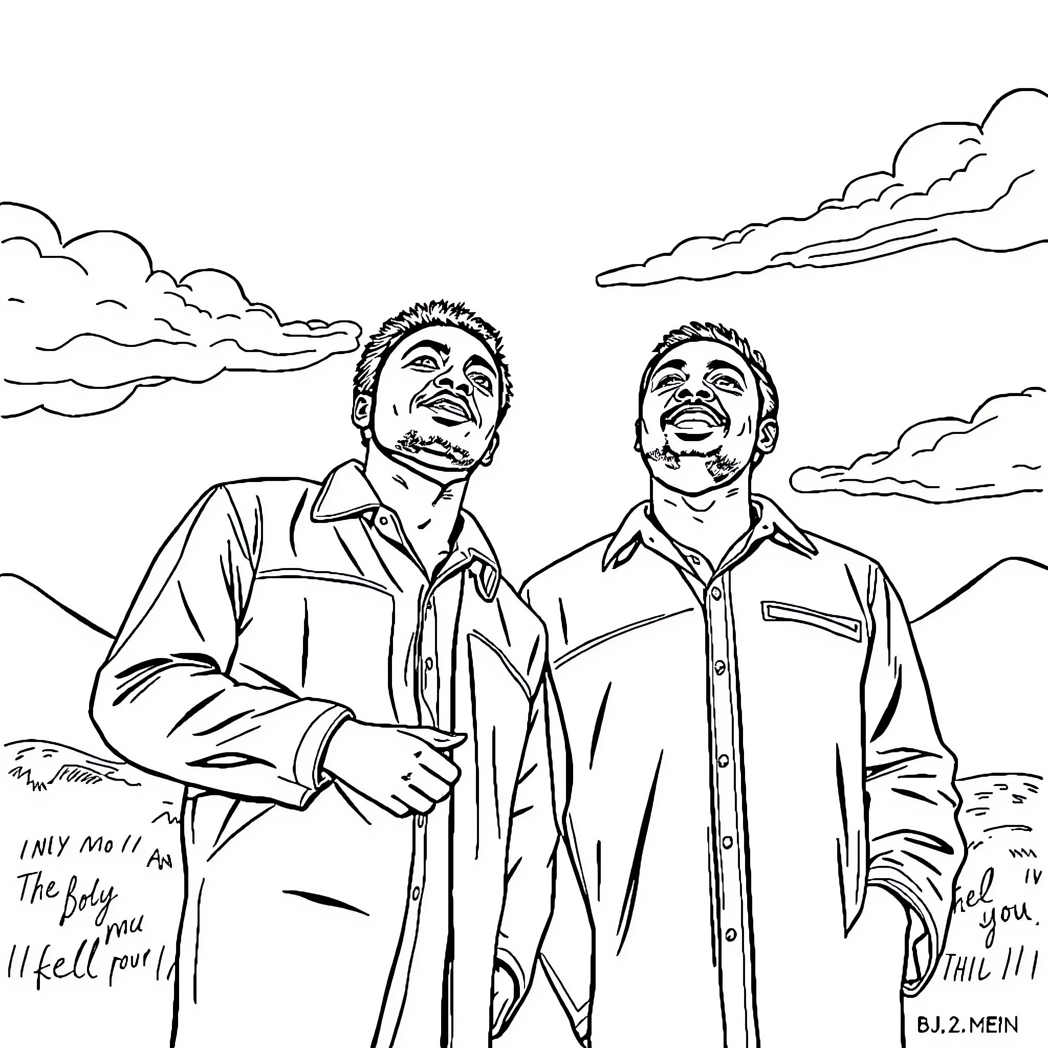 Boy friends enjoying outdoor adventure together Coloring Page (free black-and-white line drawing printable PDF for all, from beginners to advanced learners, including children, teens, adults, and seniors)