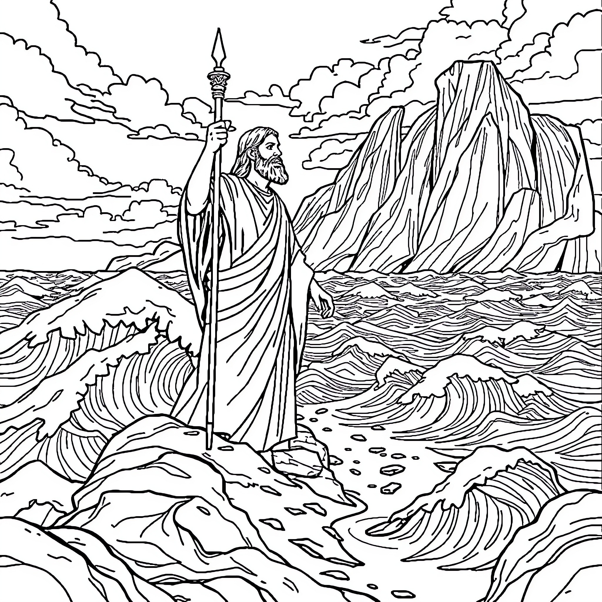 Moses Leading the Israelites through the Parting of the Red Sea Coloring Page (free black-and-white line drawing printable PDF for all, from beginners to advanced learners, including children, teens, adults, and seniors)